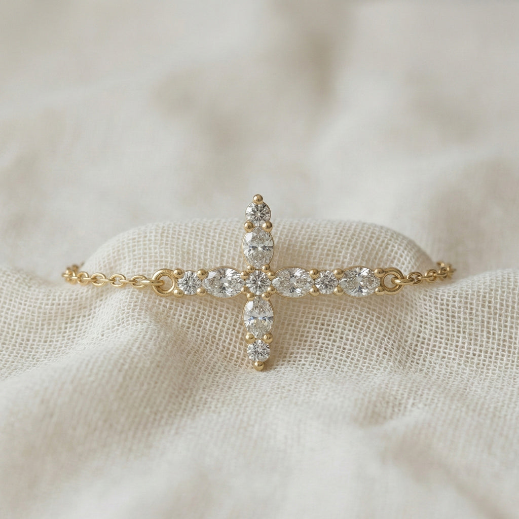 Sparkling Oval Cluster Cross Chain Bracelet in 14K Solid Gold, 0.75 TCW Oval Cut Lab Grown Diamonds, Faith Bracelet, Birthday Gift for Her