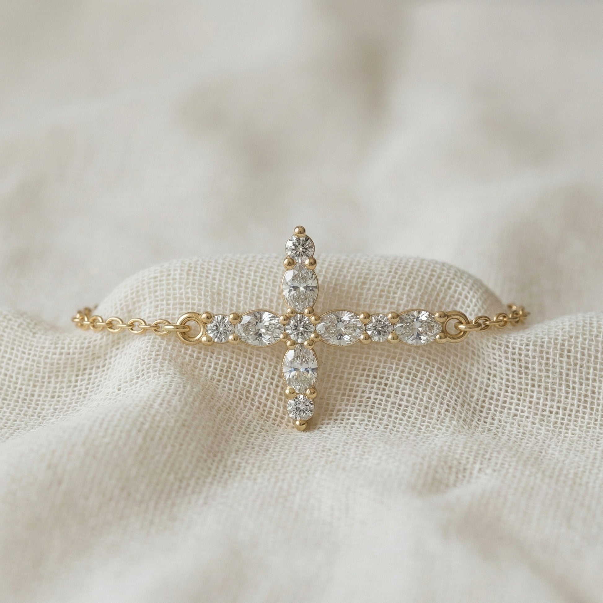 Sparkling Oval Cluster Cross Chain Bracelet in 14K Solid Gold, 0.75 TCW Oval Cut Lab Grown Diamonds, Faith Bracelet, Birthday Gift for Her