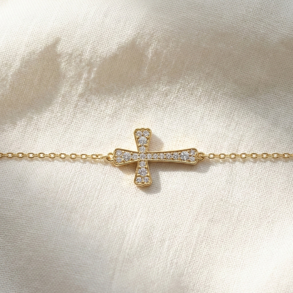 Tapered pavé cross Chain bracelet in 14K Solid Gold, 0.52 TCW Round Cut Lab Created Diamonds, Dainty Faith Bracelet, Wedding Gift for Her
