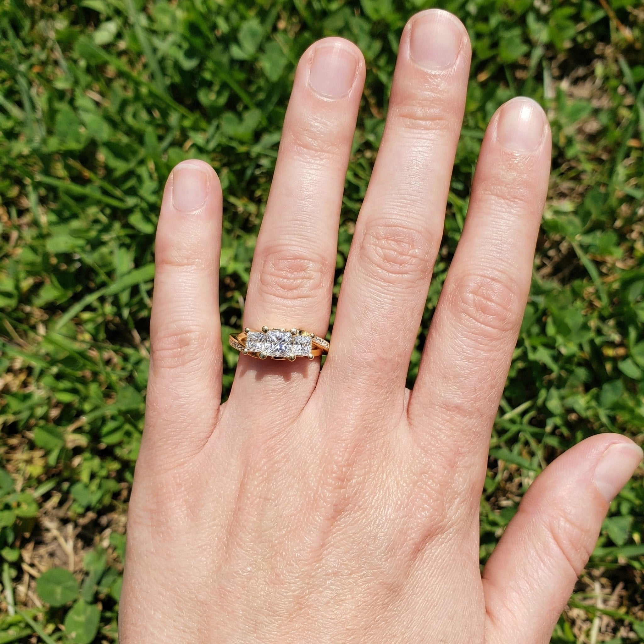 Three-Stone Princess Cut Bypass Pave Engagement Ring in 14K Solid Gold, 0.75 TCW Princess Cut Lab Grown Diamonds, Birthday Gift for Wife