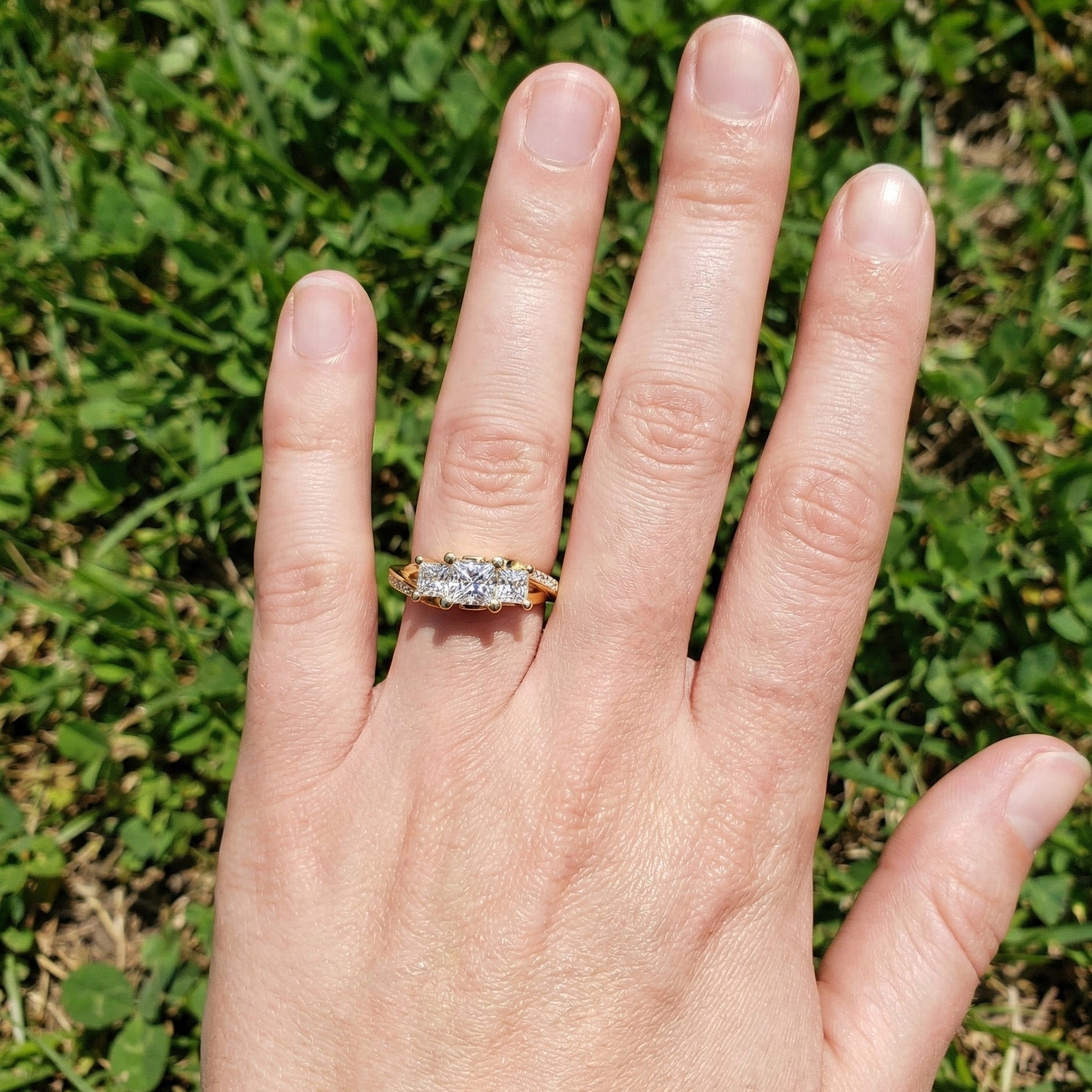 Three-Stone Princess Cut Bypass Pave Engagement Ring in 14K Solid Gold, 0.75 TCW Princess Cut Lab Grown Diamonds, Birthday Gift for Wife