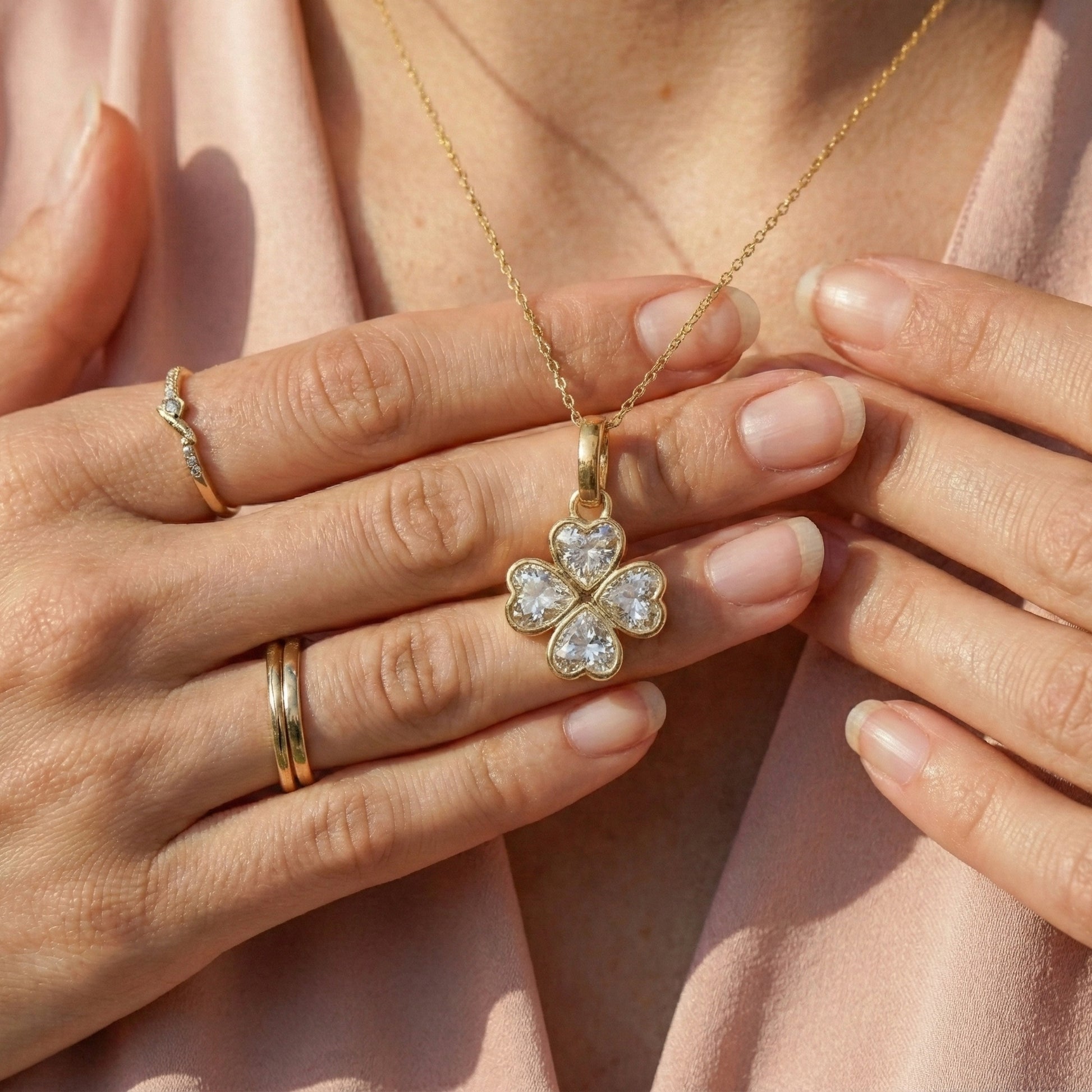 Romantic Heart Clover Floral Pendant in 14K Solid Gold, 2.00 TCW Heart Cut Lab Grown Diamonds, Everyday Gift for Her, Bridal Jewelry