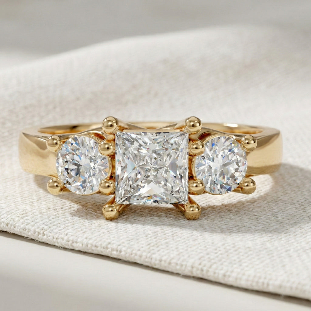 Princess and Round Trio Stone Engagement Ring in 18K Solid Gold, Handmade Jewelry Gift for Wife, Wedding Gift
