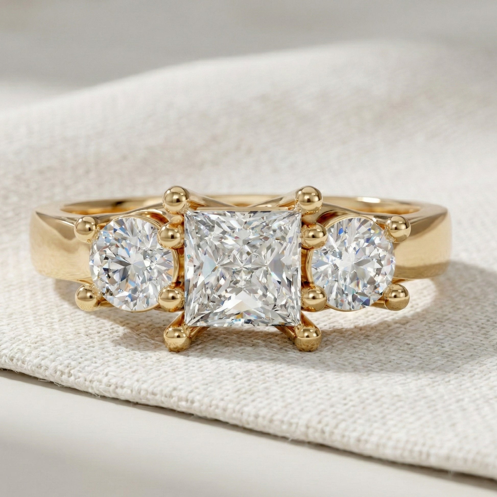 Princess and Round Trio Stone Engagement Ring in 18K Solid Gold, Handmade Jewelry Gift for Wife, Wedding Gift