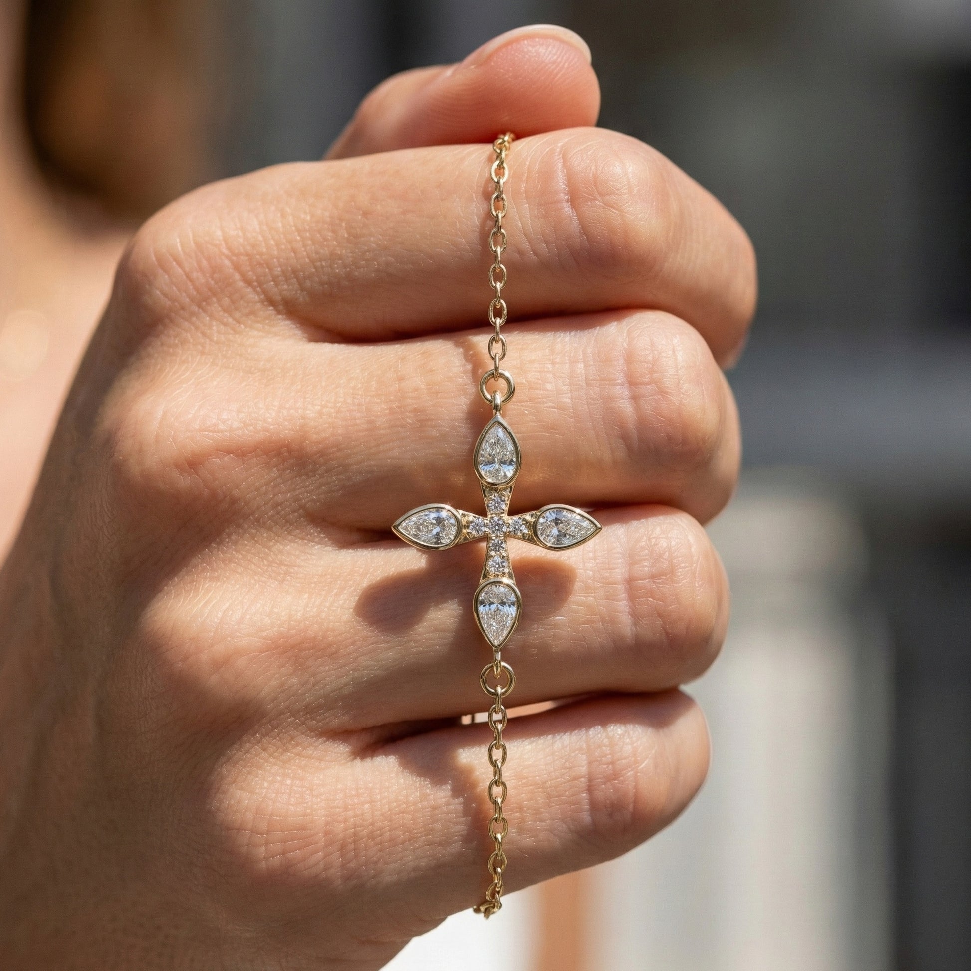 Dainty pear petal cross Chain bracelet in 14K Solid Gold, 0.60 Pear Cut Lab Created Diamonds, Everyday Bracelet, Religious Gift for Her