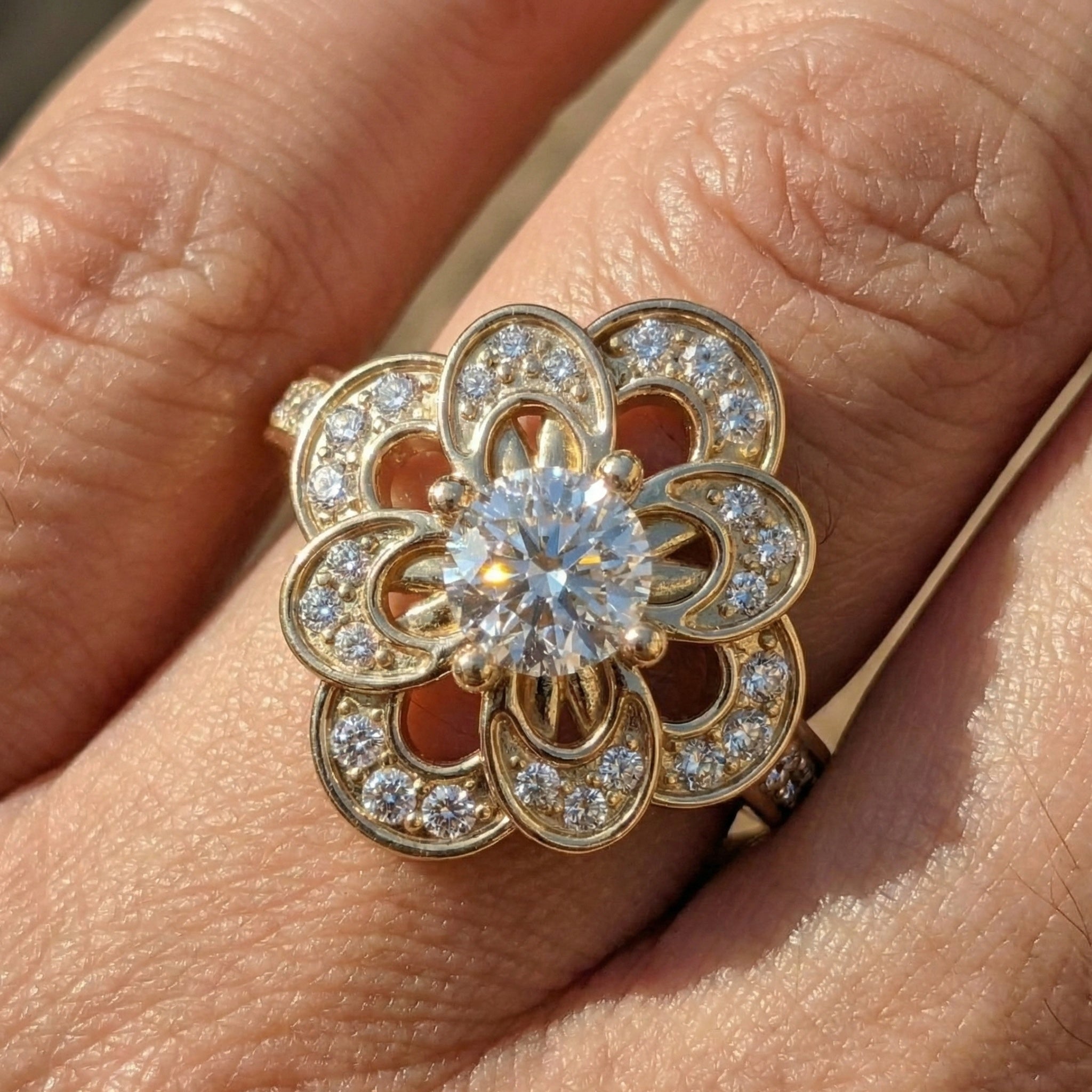 Floral Romantic Bloom Halo Unique Engagement Ring in Solid 14k Gold, Bridal Gift for Wife, Elegant Cluster Anniversary Ring