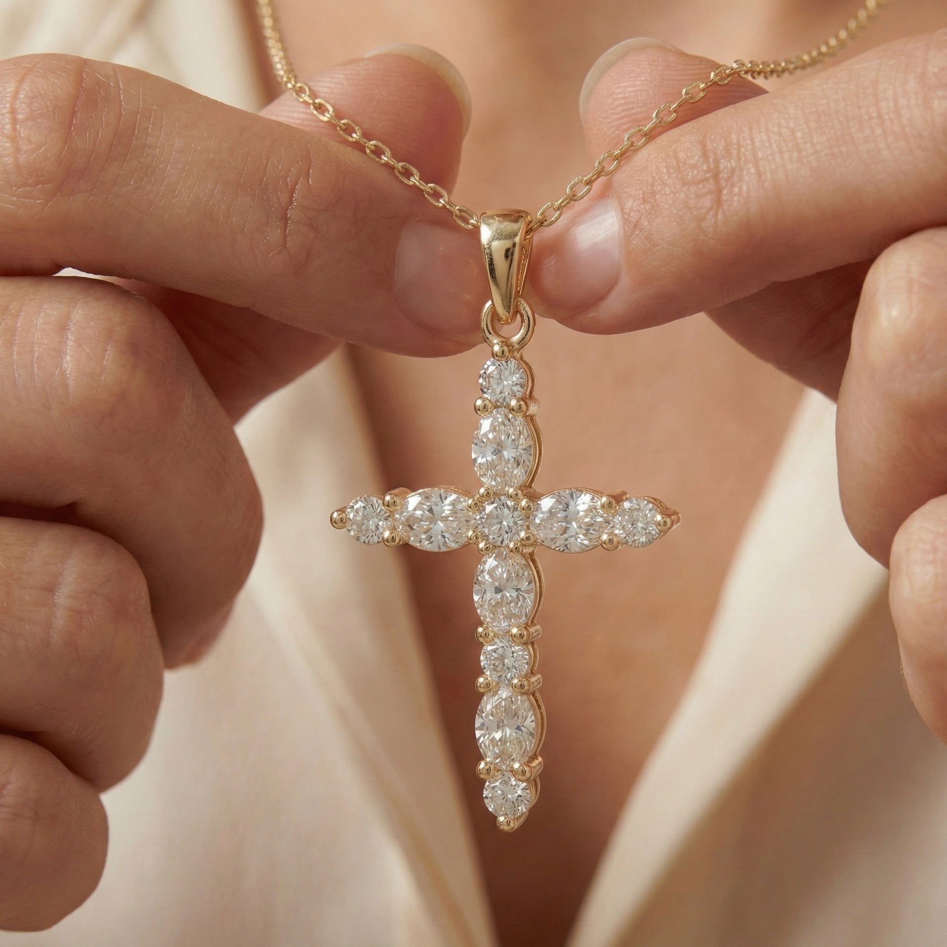 Petite Cluster Cross Pendant in 14k Solid Gold, 1.07 TCW Oval/Round Cut Lab Grown Diamonds, Birthday Jewelry, Gift For Her