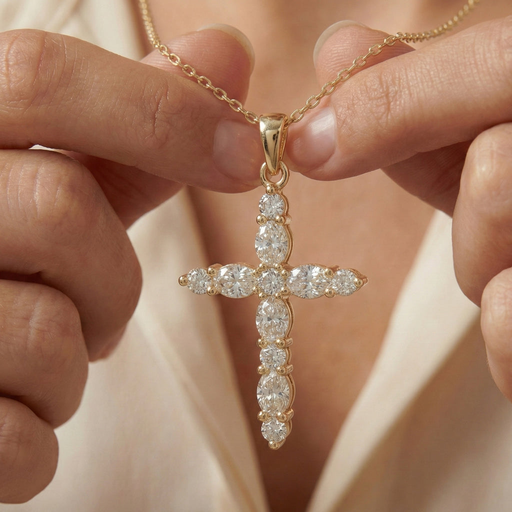 Petite Cluster Cross Pendant in 14k Solid Gold, 1.07 TCW Oval/Round Cut Lab Grown Diamonds, Birthday Jewelry, Gift For Her