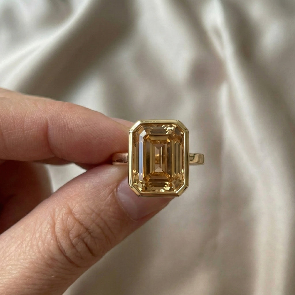 Minimal Bezel Set Champagne Gemstone Engagement Ring in 14K Solid Gold, 10.00 CT Emerald Cut Lab Gemstone, Anniversary Gift for Wife, Handmade Jewelry