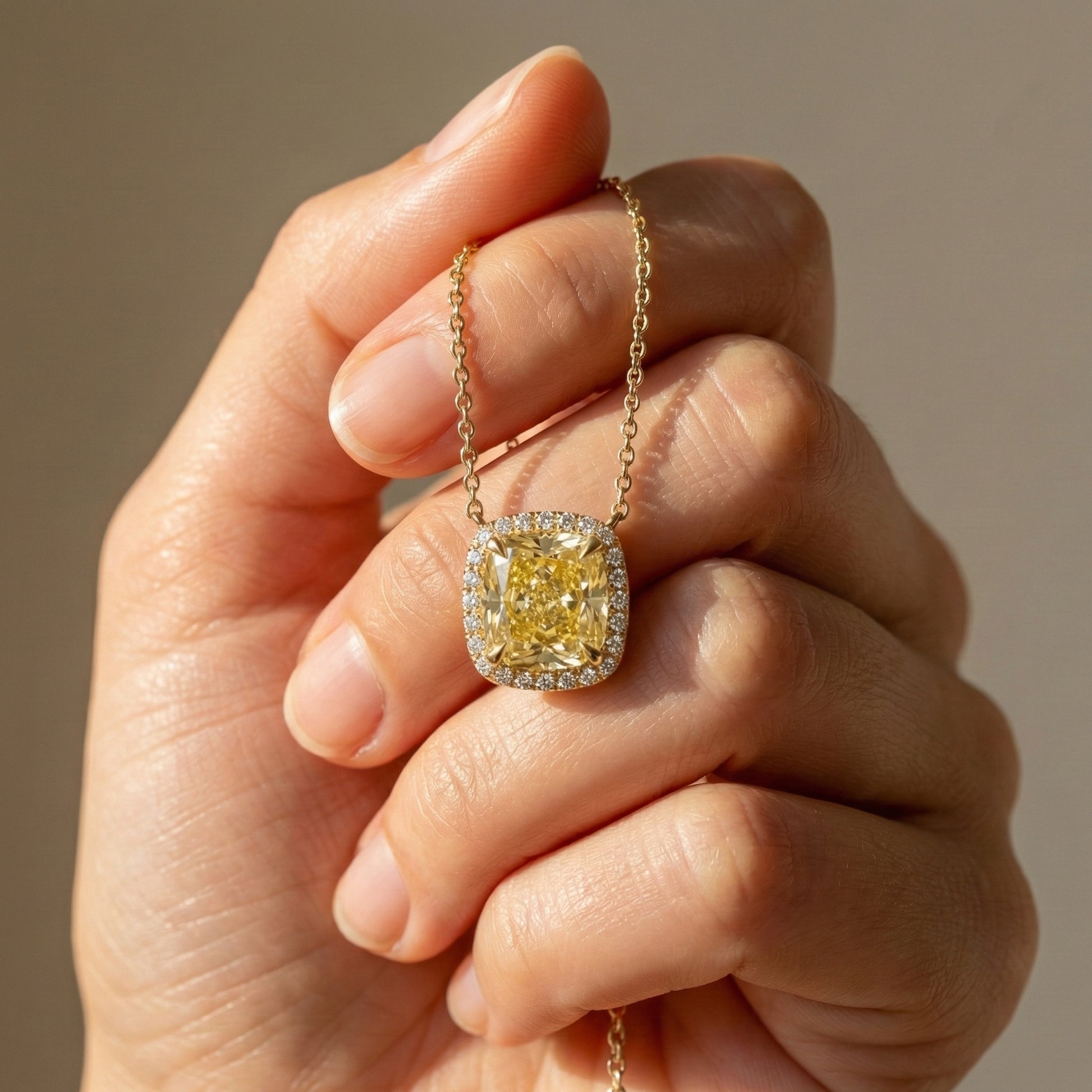 3.00 CT Canary Yellow Cushion Halo Wedding Pendant in Lab Diamond or Moissanite – 14k Solid Gold,  Wedding Jewelry, Anniversary Gift for Her
