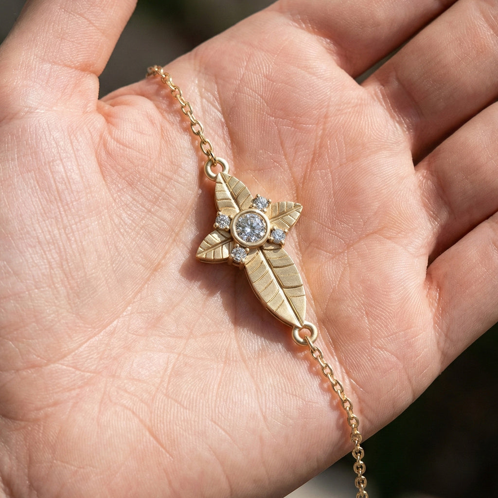 Nature Leaf Cross Charm Bracelet in 14k Solid Gold, 0.20 TCW Round Cut Lab Grown Diamonds, Botanical Bracelet, Gift for Her, Wedding Jewelry