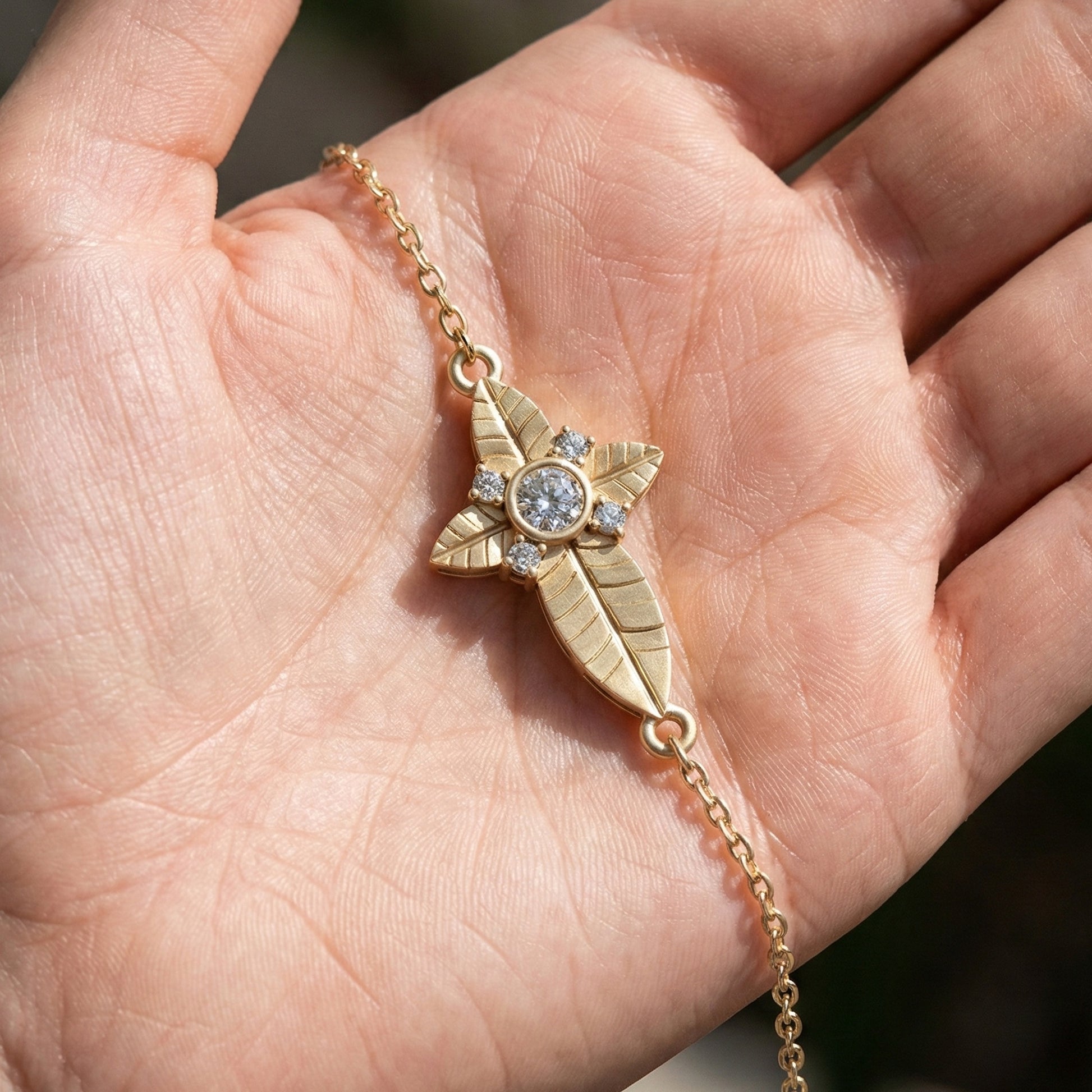 Nature Leaf Cross Charm Bracelet in 14k Solid Gold, 0.20 TCW Round Cut Lab Grown Diamonds, Botanical Bracelet, Gift for Her, Wedding Jewelry