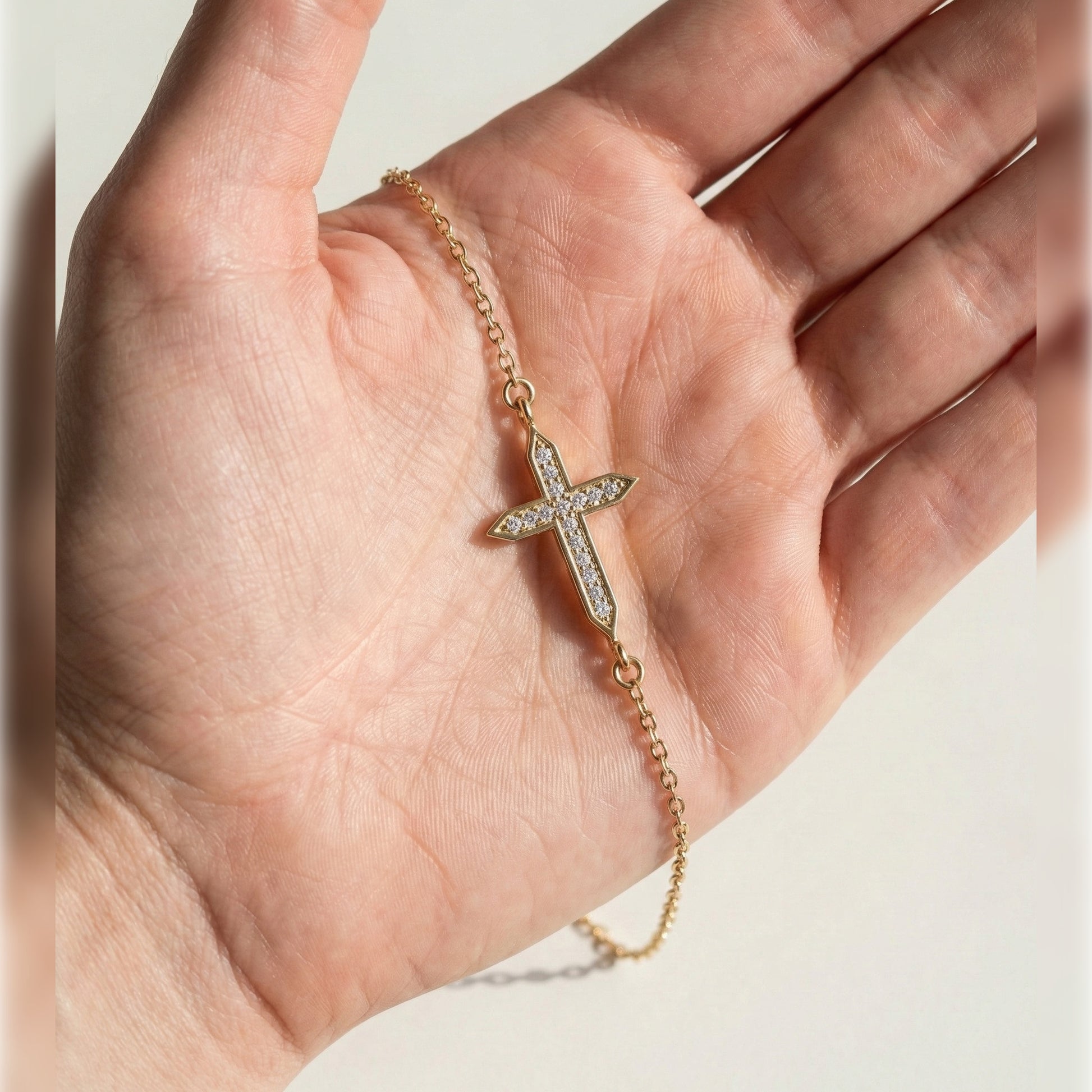 Dainty Arrow Tip Cross Chain Bracelet in 14K Solid Gold, 0.06 TCW Round Cut Lab Created Diamonds, Christian Bracelet, Christmas Gift for Her