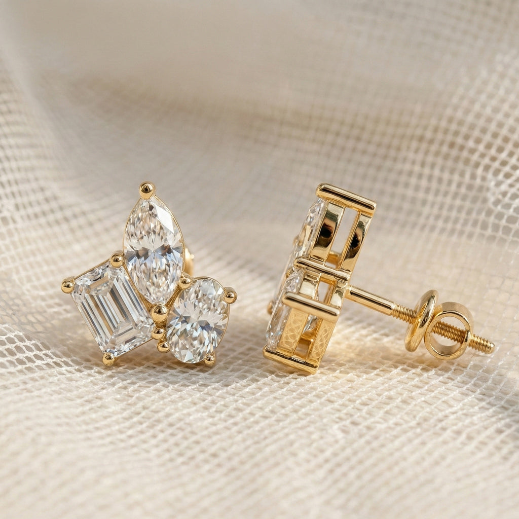 Three Stone Cluster Wedding Earrings in 14k Solid Gold, 3.00 TCW Marquise/Oval/Emerald Cut Lab Grown Diamonds, Trio Stud Earrings For Women, Anniversary Gift
