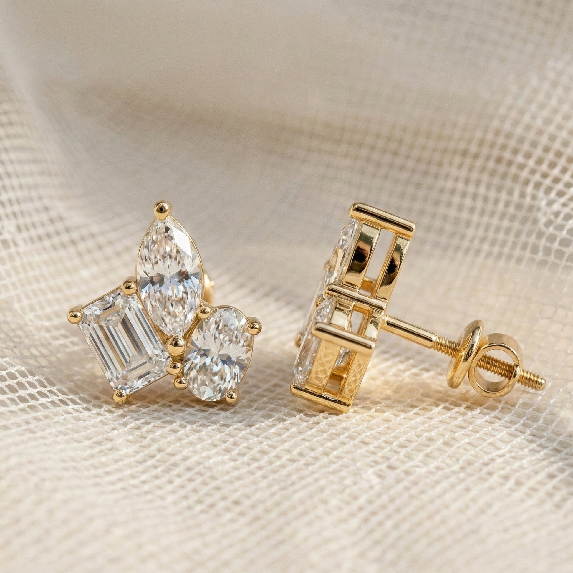 Three Stone Cluster Wedding Earrings in 14k Solid Gold, 3.00 TCW Marquise/Oval/Emerald Cut Lab Grown Diamonds, Trio Stud Earrings For Women, Anniversary Gift