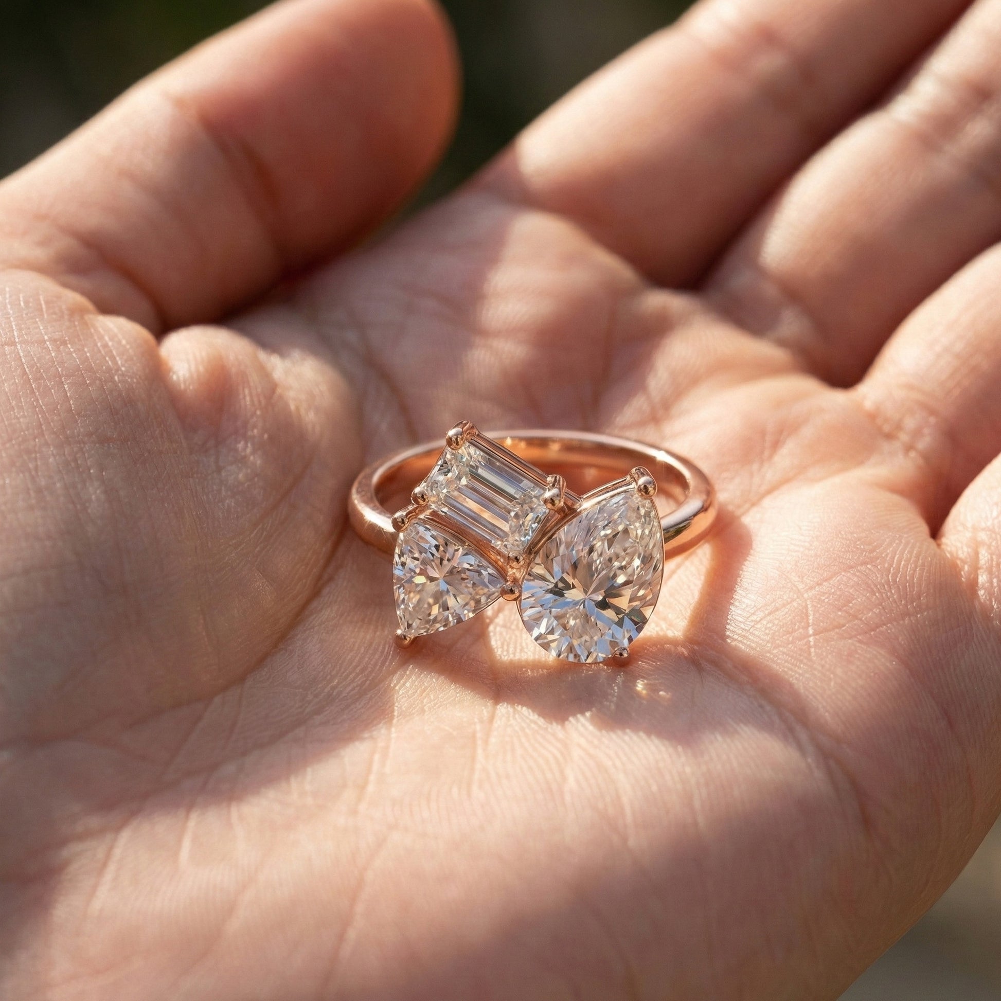 Three Stone Engagement Ring in 14K Solid Gold, 1.92 TCW Trillion/Radiant/Pear Cut Lab Grown Diamonds, Bridal Jewelry for Women, Handmade Jewelry