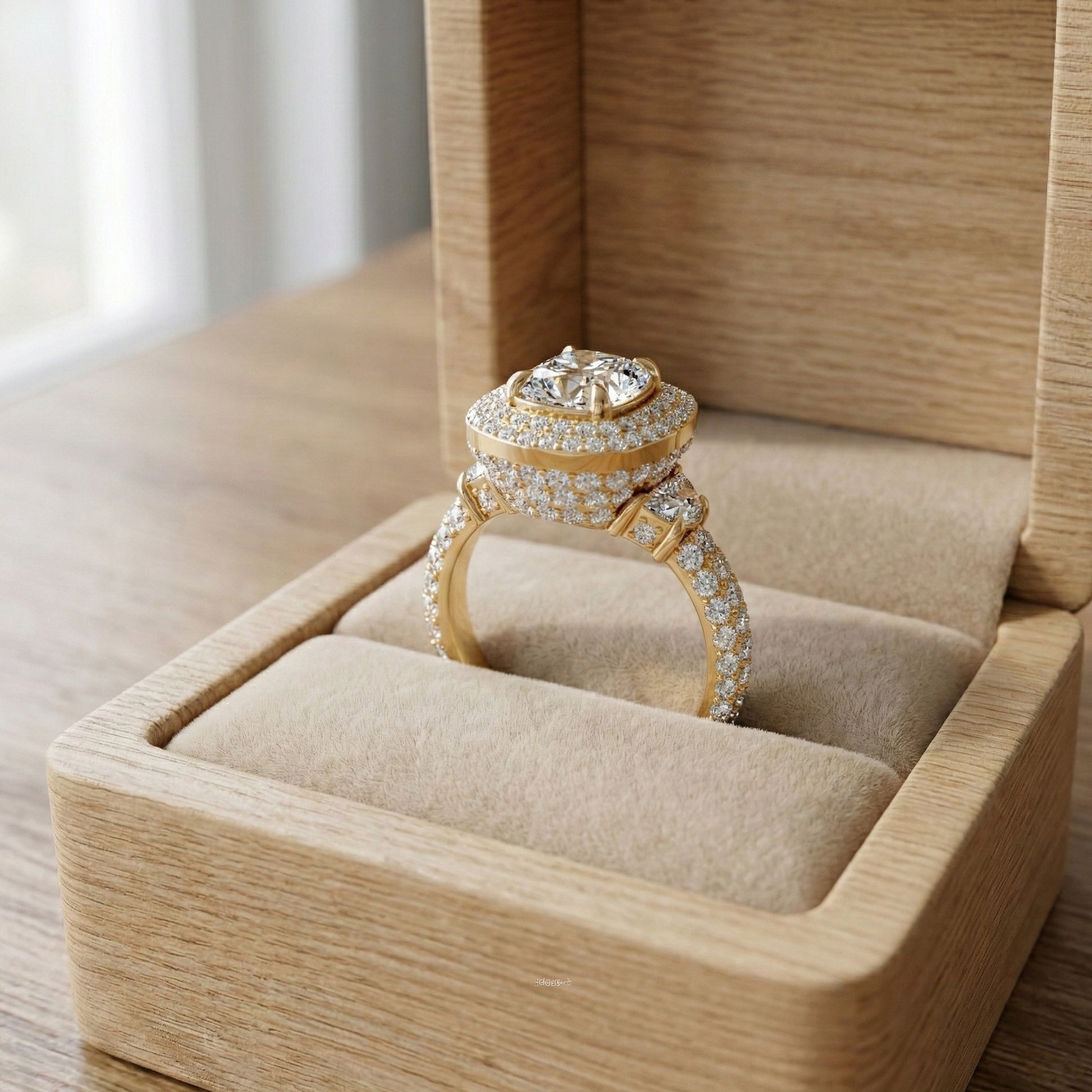 Elegant Double Halo Pave Engagement Ring in 14k Solid Gold, 1.75 CT Cushion Cut Lab Created Diamond, Anniversary Gift For Wife, Party Wear Jewelry