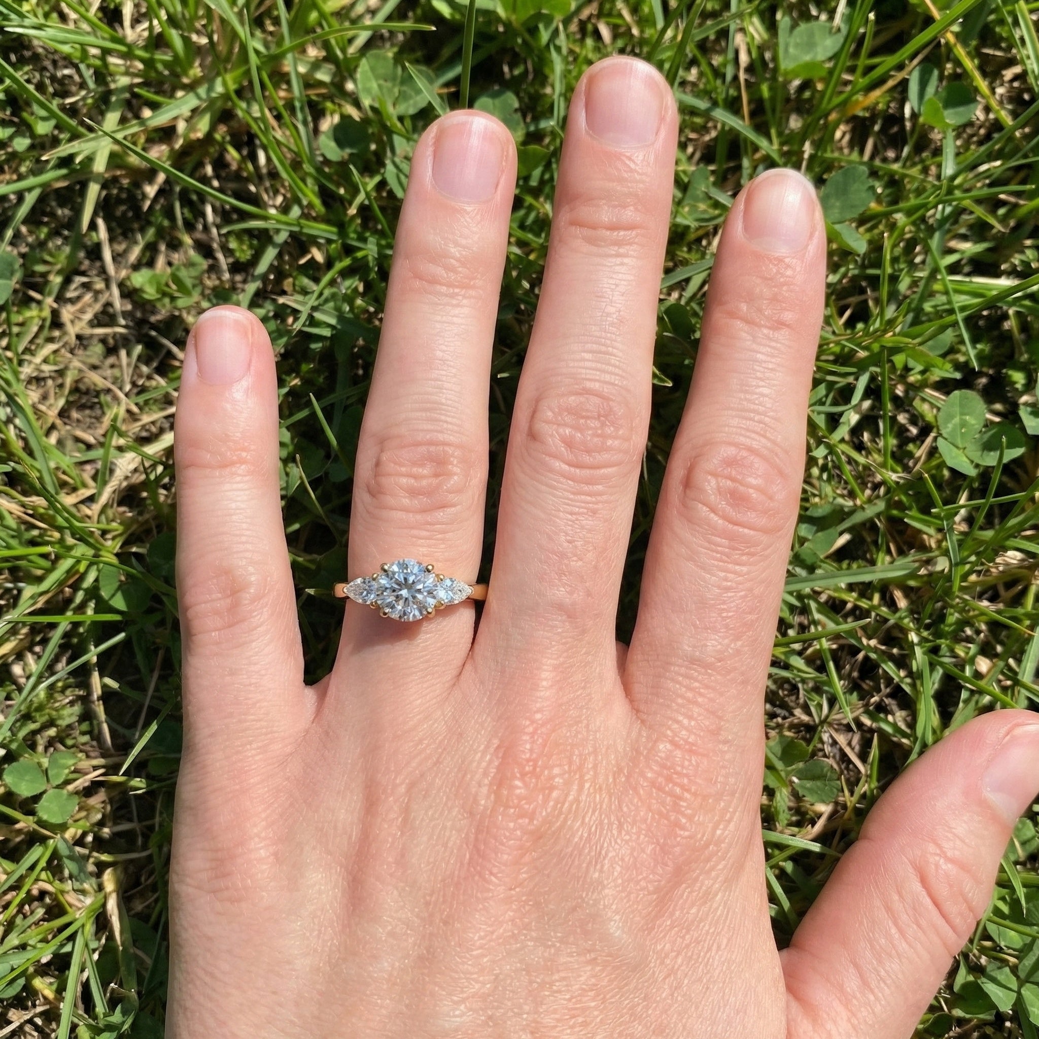 Elegant Three Stone Engagement Ring in 14K Yellow Gold, 1.05 TCW Pear/Round Cut Lab Grown Diamonds, Antique Simple Ring, Anniversary Gift For Her