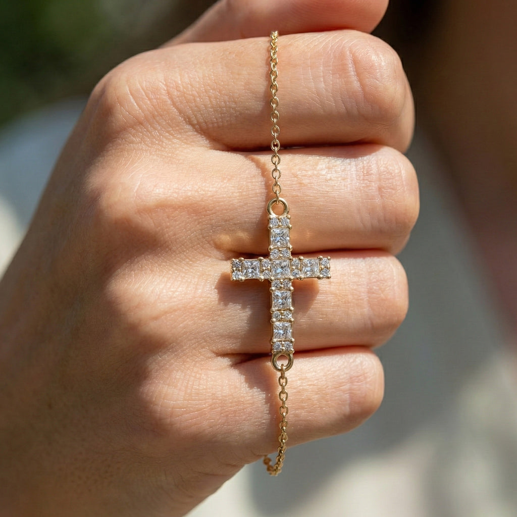 Modern princess cut cross Chain bracelet in 14K Solid Gold, 0.42 TCW Princess Cut Lab Created Diamonds, Baptism Bracelet, Gift for Her, Daily Wear Jewelry