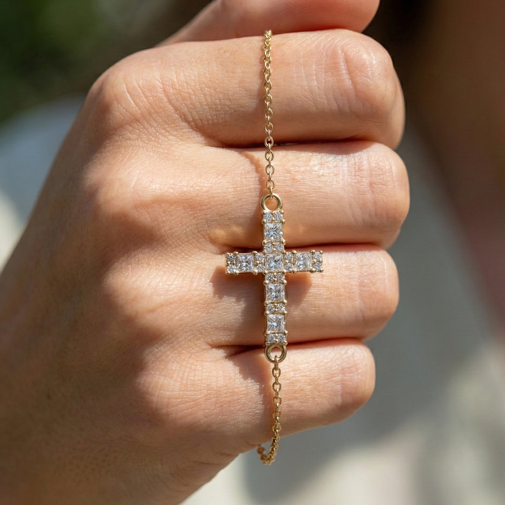 Modern princess cut cross Chain bracelet in 14K Solid Gold, 0.42 TCW Princess Cut Lab Created Diamonds, Baptism Bracelet, Gift for Her, Daily Wear Jewelry