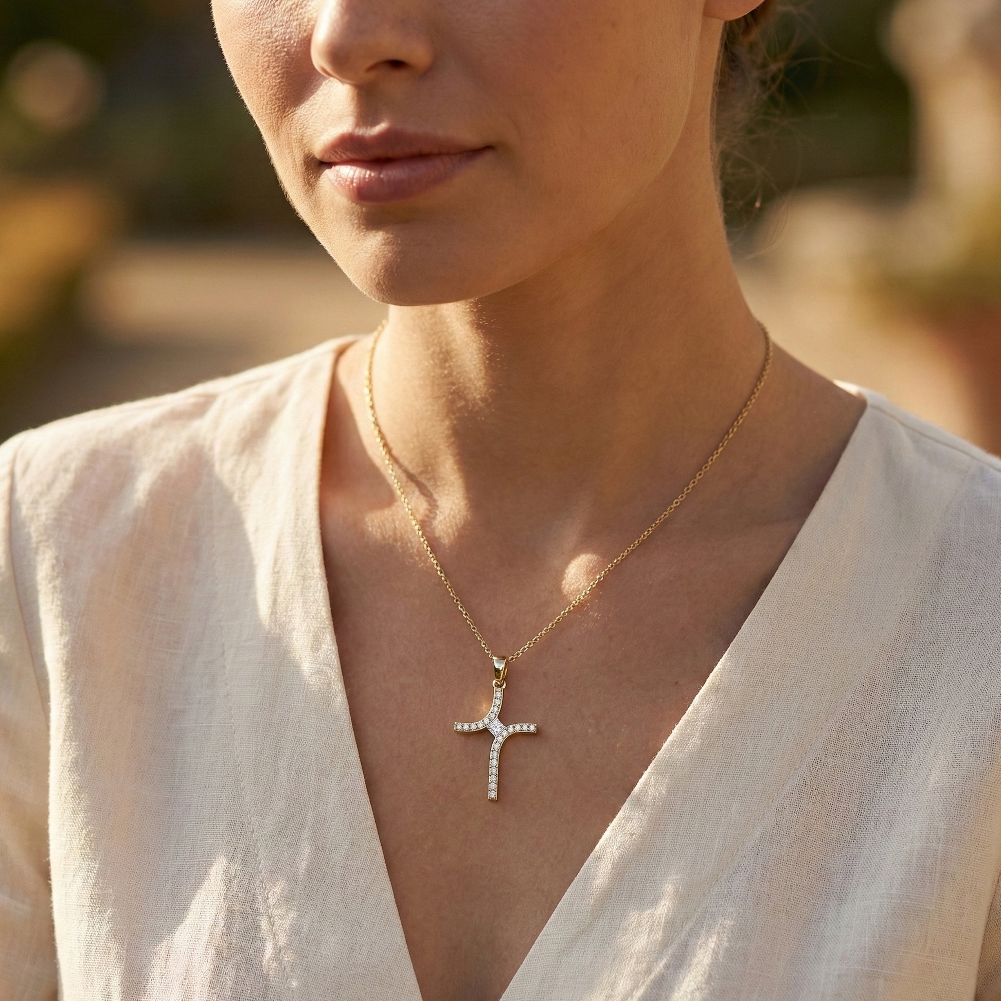 Artisan Angled Cross Pendant in 14K Solid Gold, 0.30 TCW Princess/Round Cut Lab Created Daimonds, Bridal Jewelry, Everyday Gift