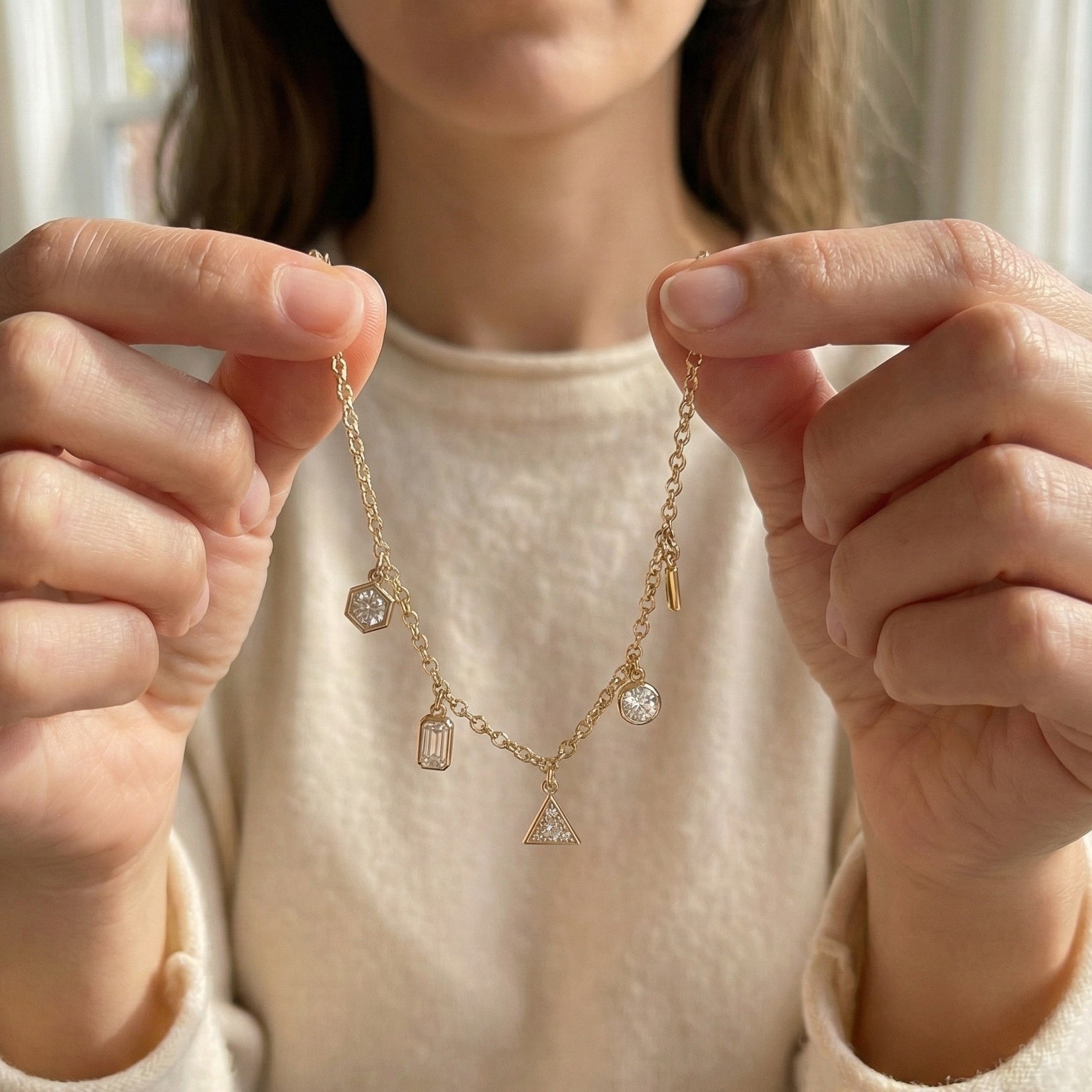 Geometric Crystal Charm Drop Chain Bracelet in 14K Solid Gold, 1.70 TCW Multi Shaped Lab Grown Diamonds, Unique Dainty Bracelet, Wedding Gift for Her, Minimalist Bracelet