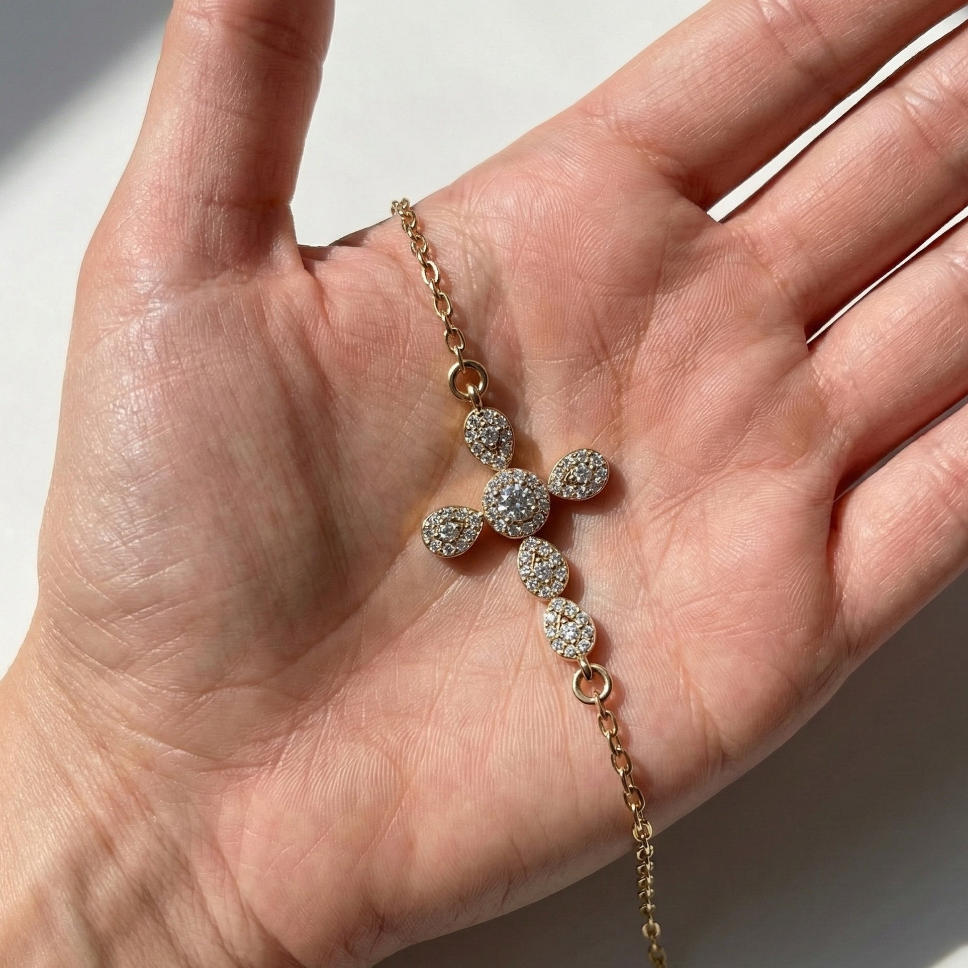 Dainty Cluster pear Halo cross Chain bracelet in 14K Solid Gold, 0.40 Round Cut Lab Created Diamonds, Vintage Gift for Her, Bridal Jewelry