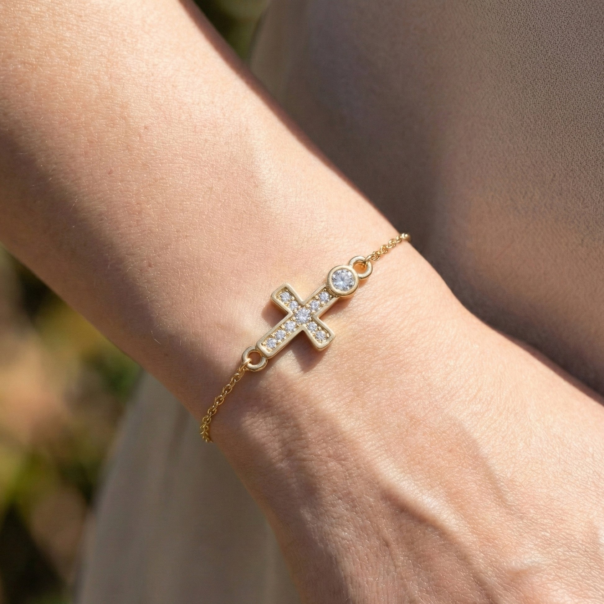 Sparkling Bezel and Cross Chain Bracelet in 14K Solid Gold, 0.13 TCW Round Cut Lab Created Diamonds, Birthday Gift For Her, Faith Jewelry