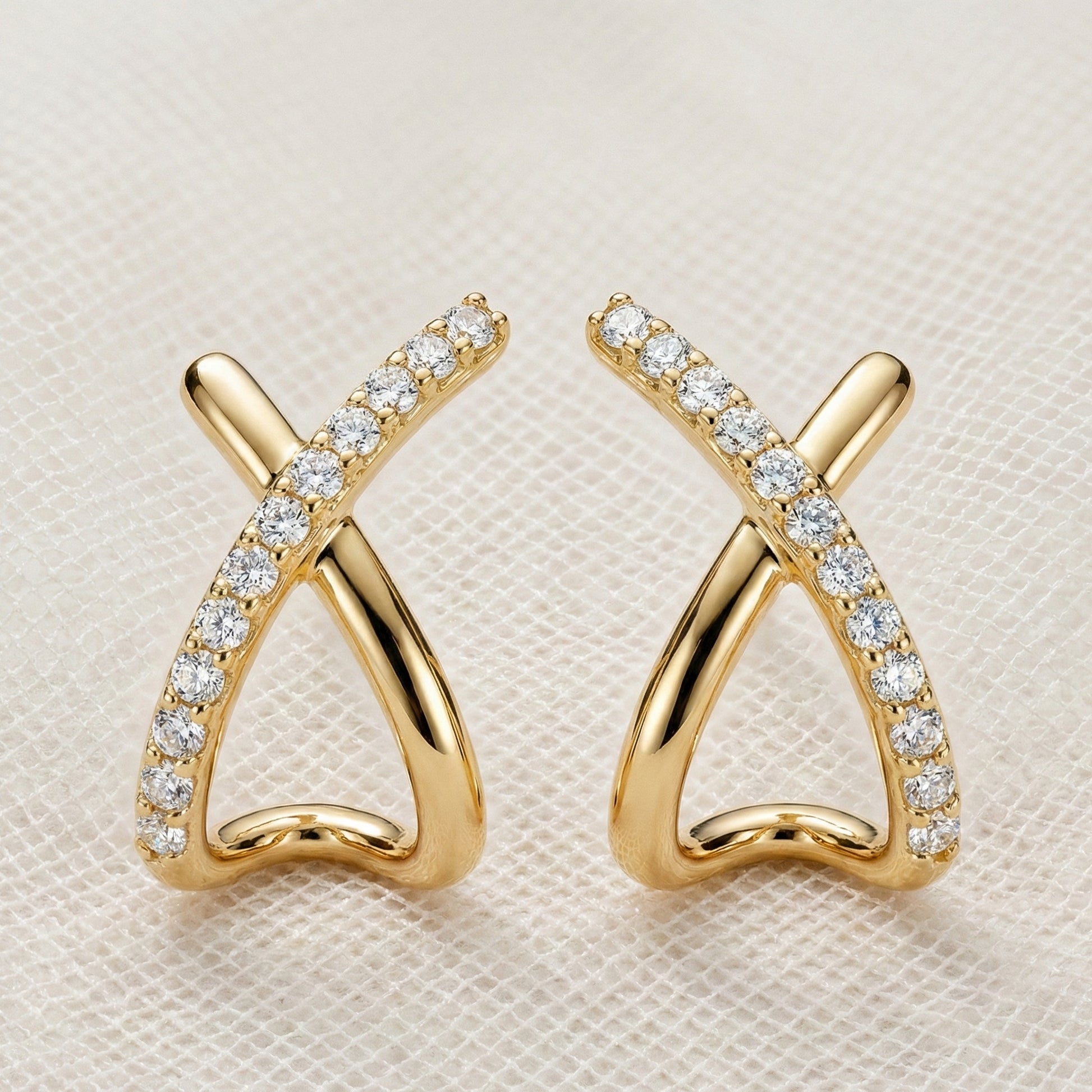 14K Solid Gold Twisted X Diamond Earrings, Modern Criss Cross Wedding Studs, Minimalist Huggie Hoops, Unique Anniversary Gift for Wife