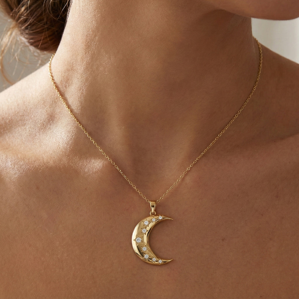 Celestial Crescent Moon Charm with Star Accents Wedding Pendant in Lab Grown Diamond-14k Solid Gold, Bridal Jewelry for Her