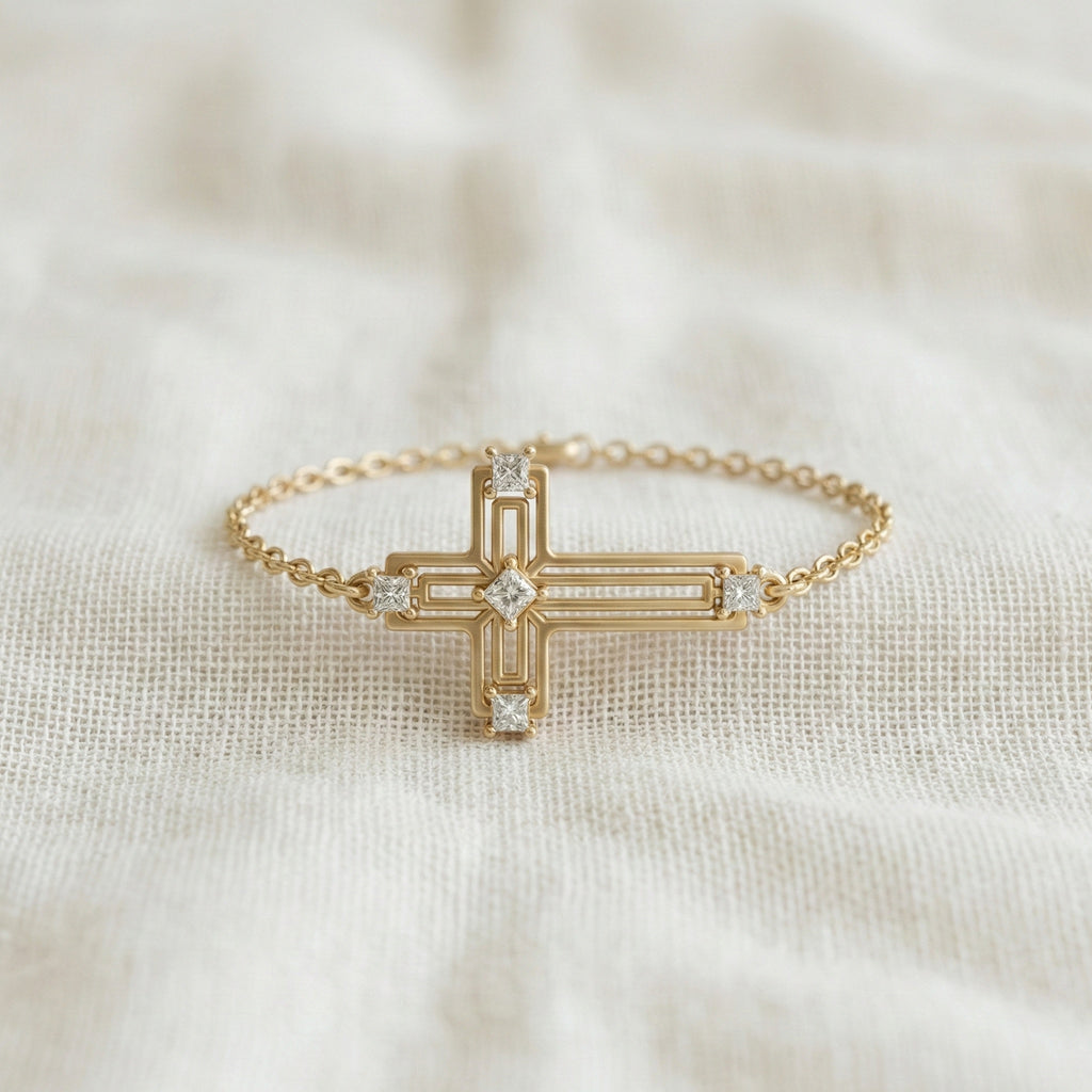 Open Work Cross Chain Bracelet in 14K Solid Gold, 0.32 TCW Princess Cut Lab Created Diamonds, Faith Jewelry, Anniversary Gift for Her, Everyday Bracelet