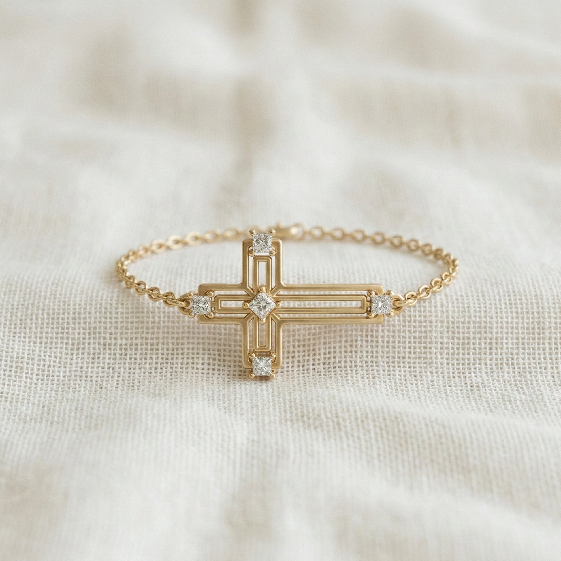 Open Work Cross Chain Bracelet in 14K Solid Gold, 0.32 TCW Princess Cut Lab Created Diamonds, Faith Jewelry, Anniversary Gift for Her, Everyday Bracelet