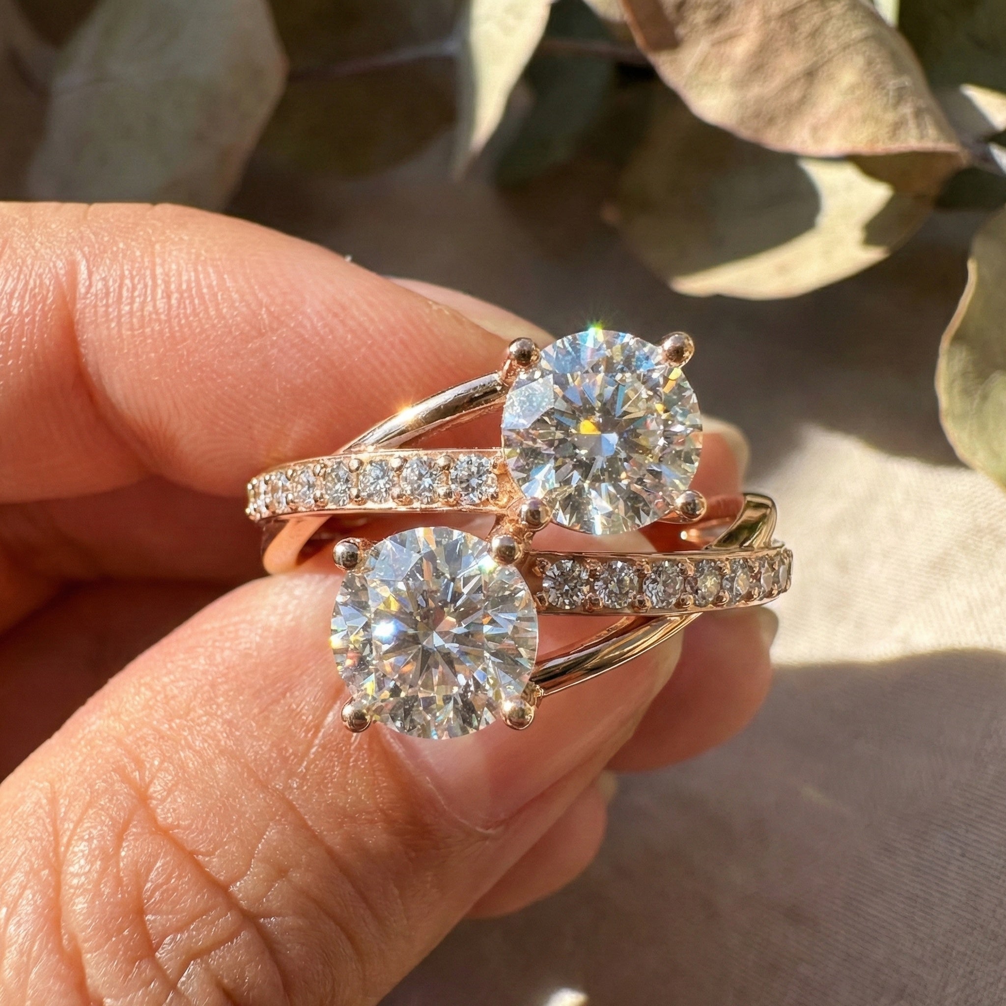 Twisted Pavé Double Stone Engagement Ring in 14K Solid Gold, Anniversary Gift for Wife, Modern Elegant Twisted Bypass Ring