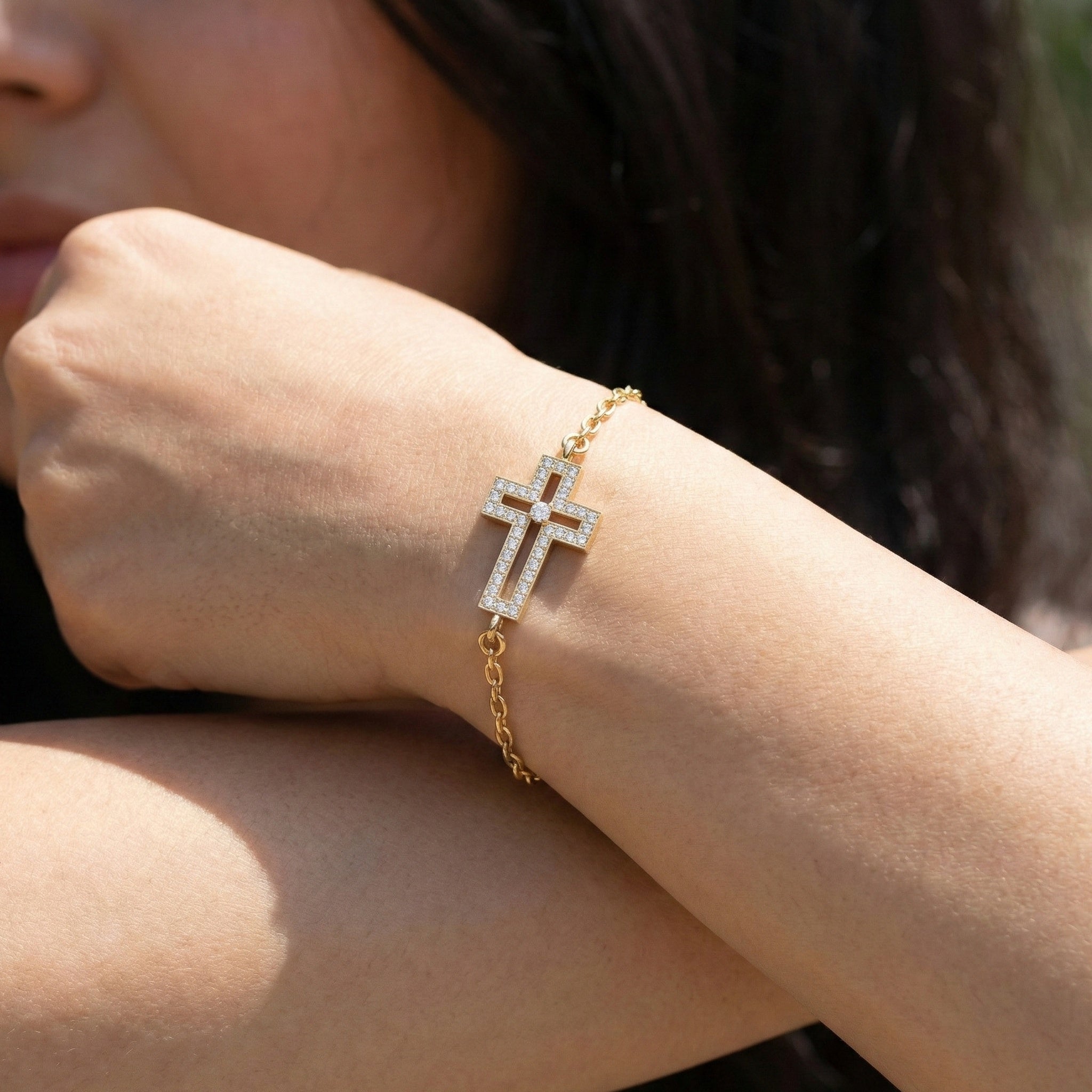 Dainty open cross bar Chain bracelet in 14K Solid Gold, 0.15 TCW Round Cut Lab Created Diamonds, Minimalist Bracelet, Wedding Gift for Her