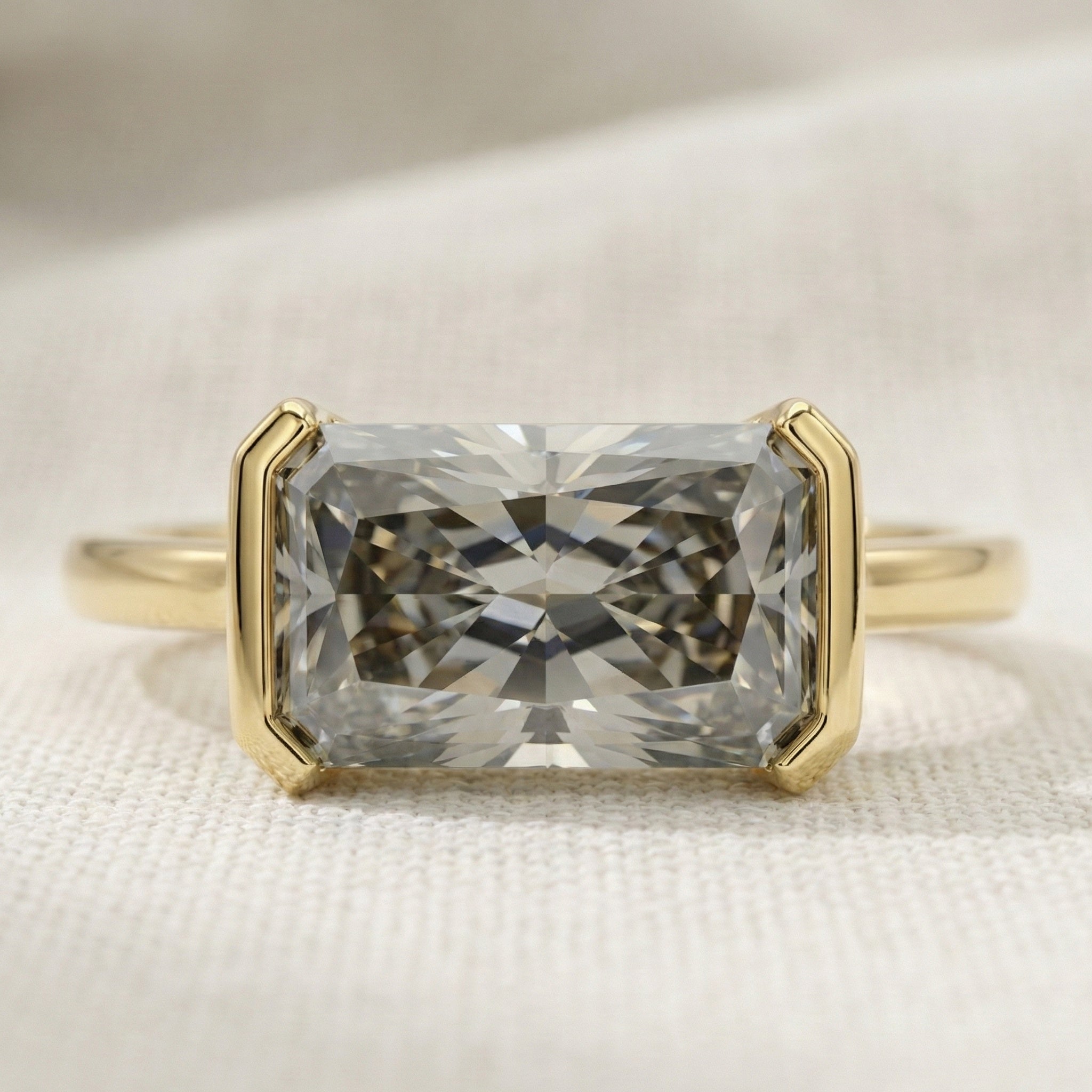 3.00 CT East West Gray Radiant Cut Half Bezel Solitaire Engagement Ring in Lab Diamond or Moissanite – 14k Solid Gold, Anniversary Gift for Her, Everyday Jewelry