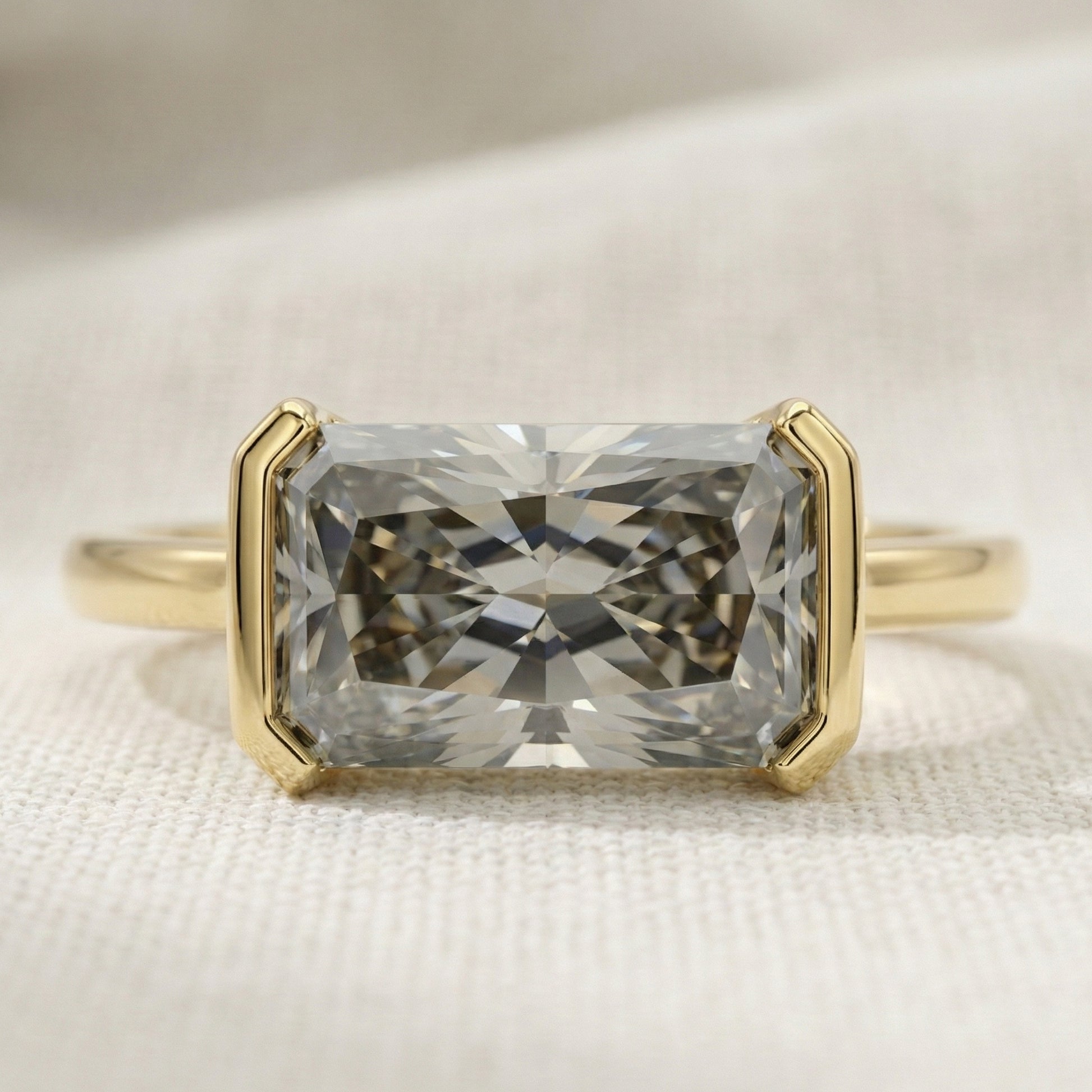 3.00 CT East West Gray Radiant Cut Half Bezel Solitaire Engagement Ring in Lab Diamond or Moissanite – 14k Solid Gold, Anniversary Gift for Her, Everyday Jewelry