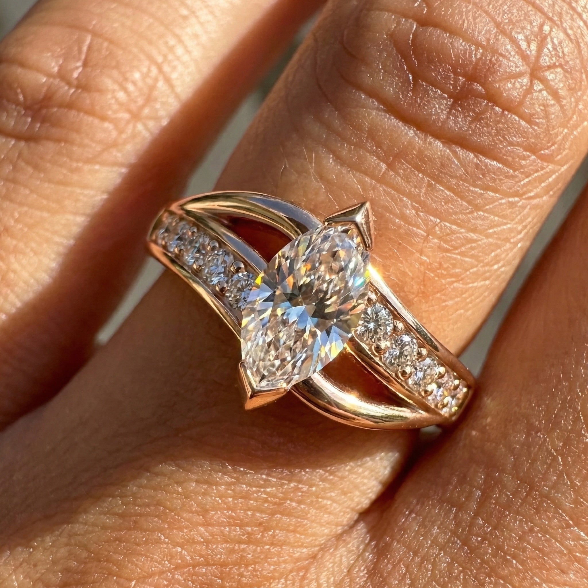 Marquise Split Shank Pave Engagement Ring in 14k Solid Gold, 0.43 TCW Marquise/Round Cut Sculpted Twist Unique Ring, Everyday Gift for Women