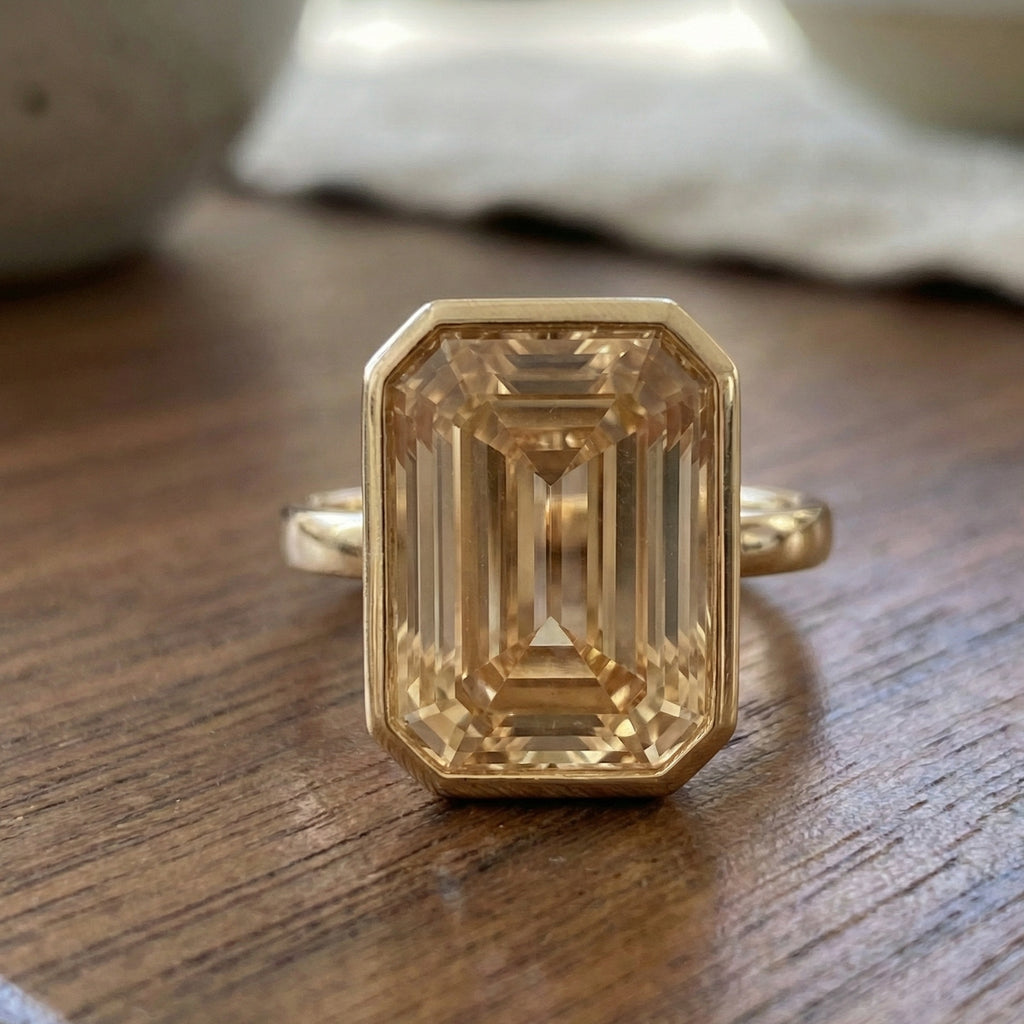 Minimal Bezel Set Champagne Gemstone Engagement Ring in 14K Solid Gold, 10.00 CT Emerald Cut Lab Gemstone, Anniversary Gift for Wife, Handmade Jewelry