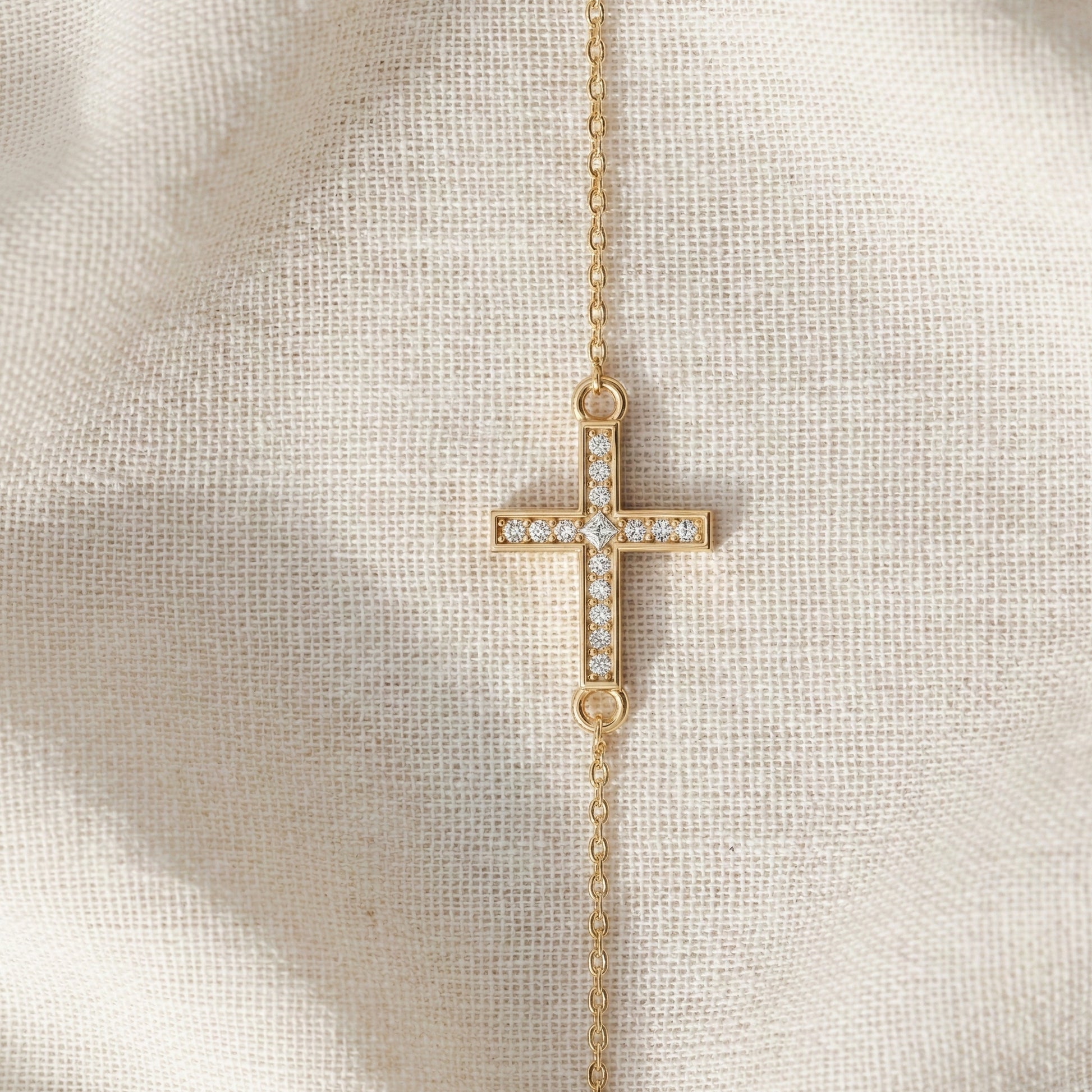 Horizontal Cross Dainty Chain Bracelet in 14k Solid Gold, 0.09 TCW Round Cut Lab Grown Diamonds, Promise Jewelry, Religious Gift for Wife