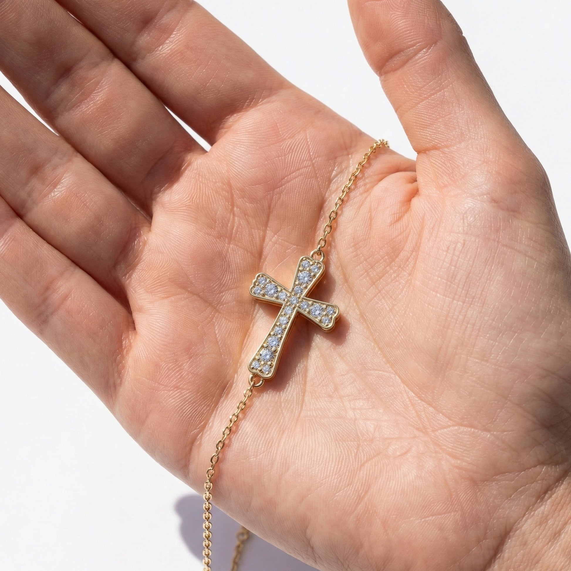 Tapered pavé cross Chain bracelet in 14K Solid Gold, 0.52 TCW Round Cut Lab Created Diamonds, Dainty Faith Bracelet, Wedding Gift for Her