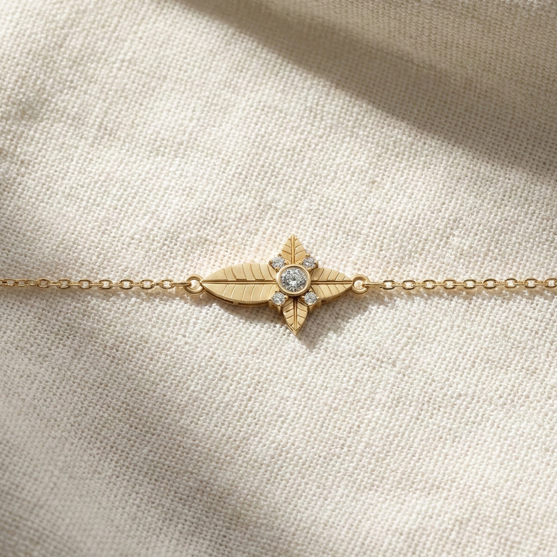 Nature Leaf Cross Charm Bracelet in 14k Solid Gold, 0.20 TCW Round Cut Lab Grown Diamonds, Botanical Bracelet, Gift for Her, Wedding Jewelry