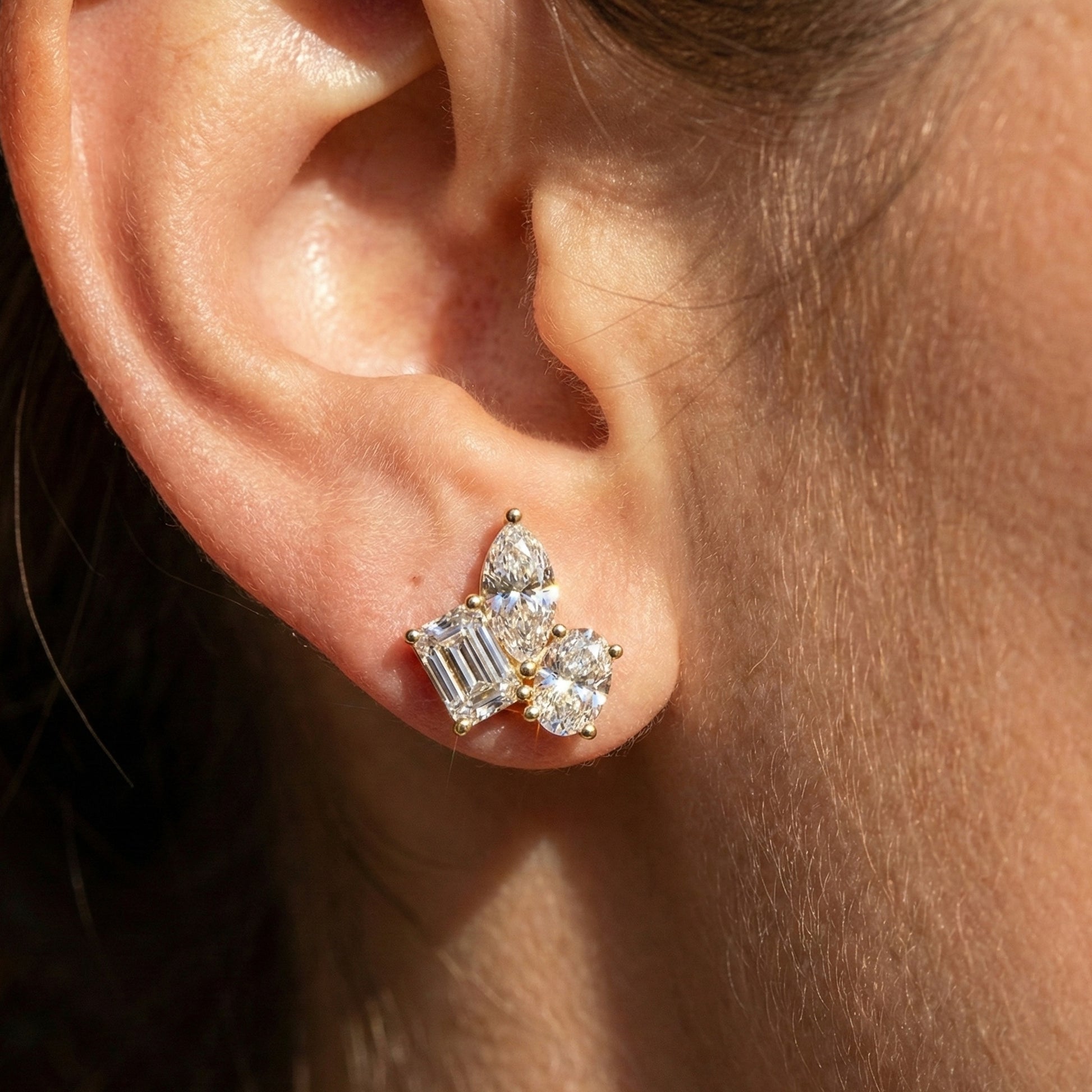 Three Stone Cluster Wedding Earrings in 14k Solid Gold, 3.00 TCW Marquise/Oval/Emerald Cut Lab Grown Diamonds, Trio Stud Earrings For Women, Anniversary Gift