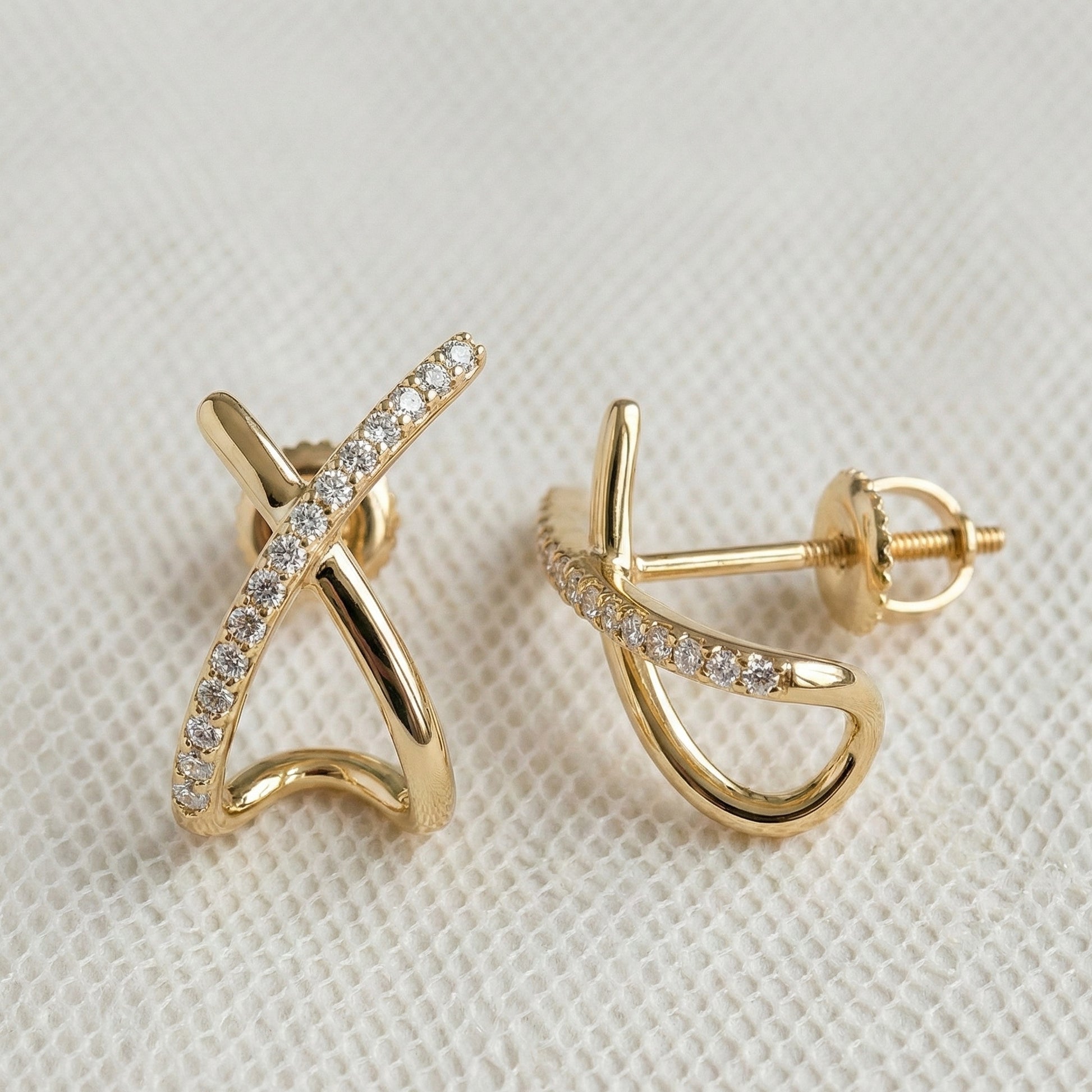 14K Solid Gold Twisted X Diamond Earrings, Modern Criss Cross Wedding Studs, Minimalist Huggie Hoops, Unique Anniversary Gift for Wife