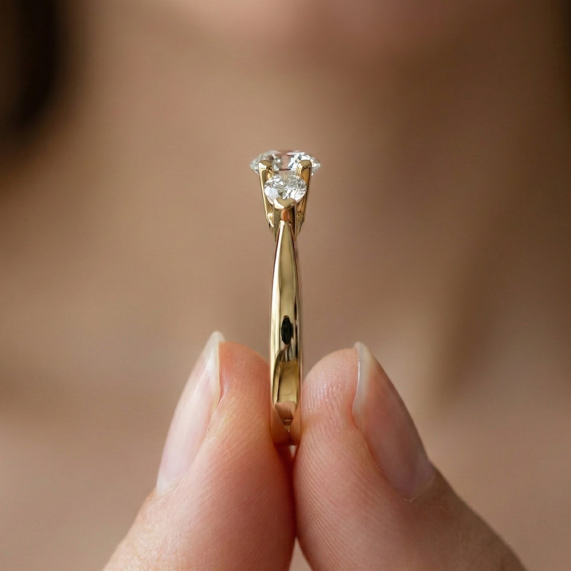 Elegant Three Stone Engagement Ring in 14K Yellow Gold, 1.05 TCW Pear/Round Cut Lab Grown Diamonds, Antique Simple Ring, Anniversary Gift For Her