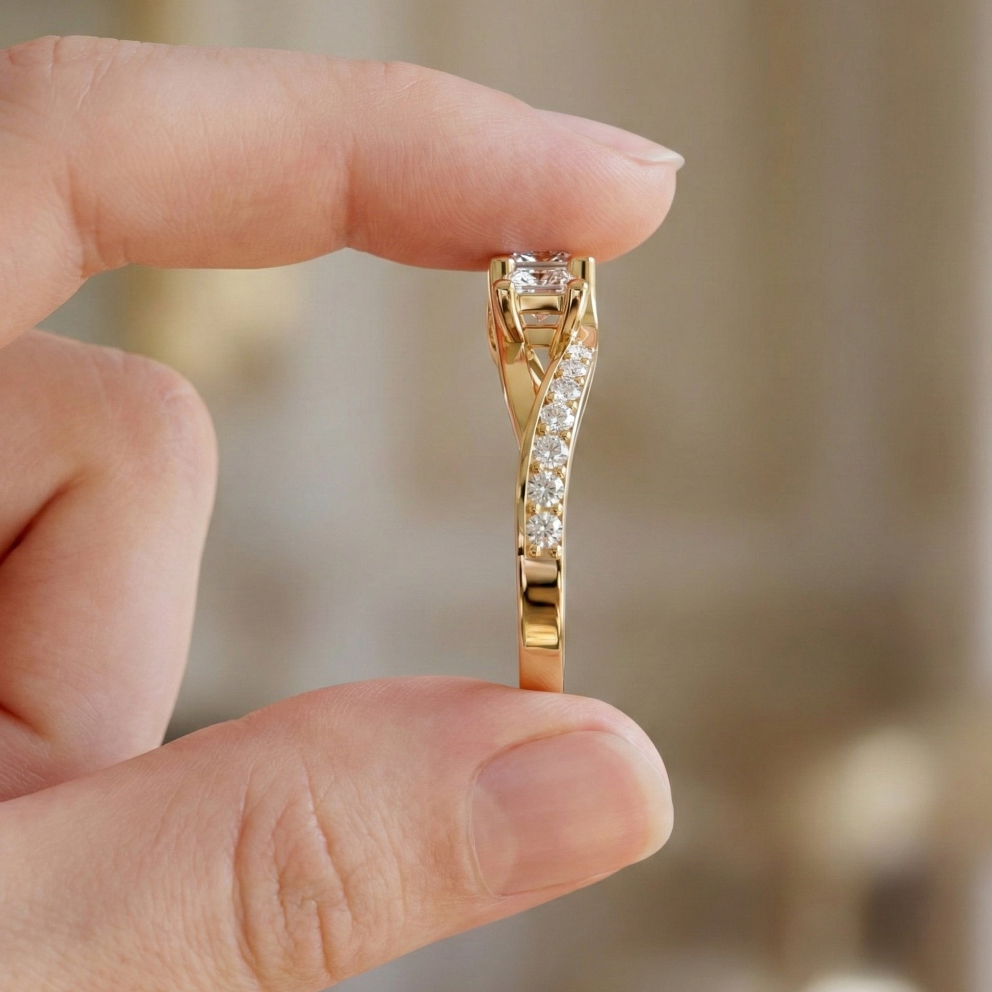 Three-Stone Princess Cut Bypass Pave Engagement Ring in 14K Solid Gold, 0.75 TCW Princess Cut Lab Grown Diamonds, Birthday Gift for Wife