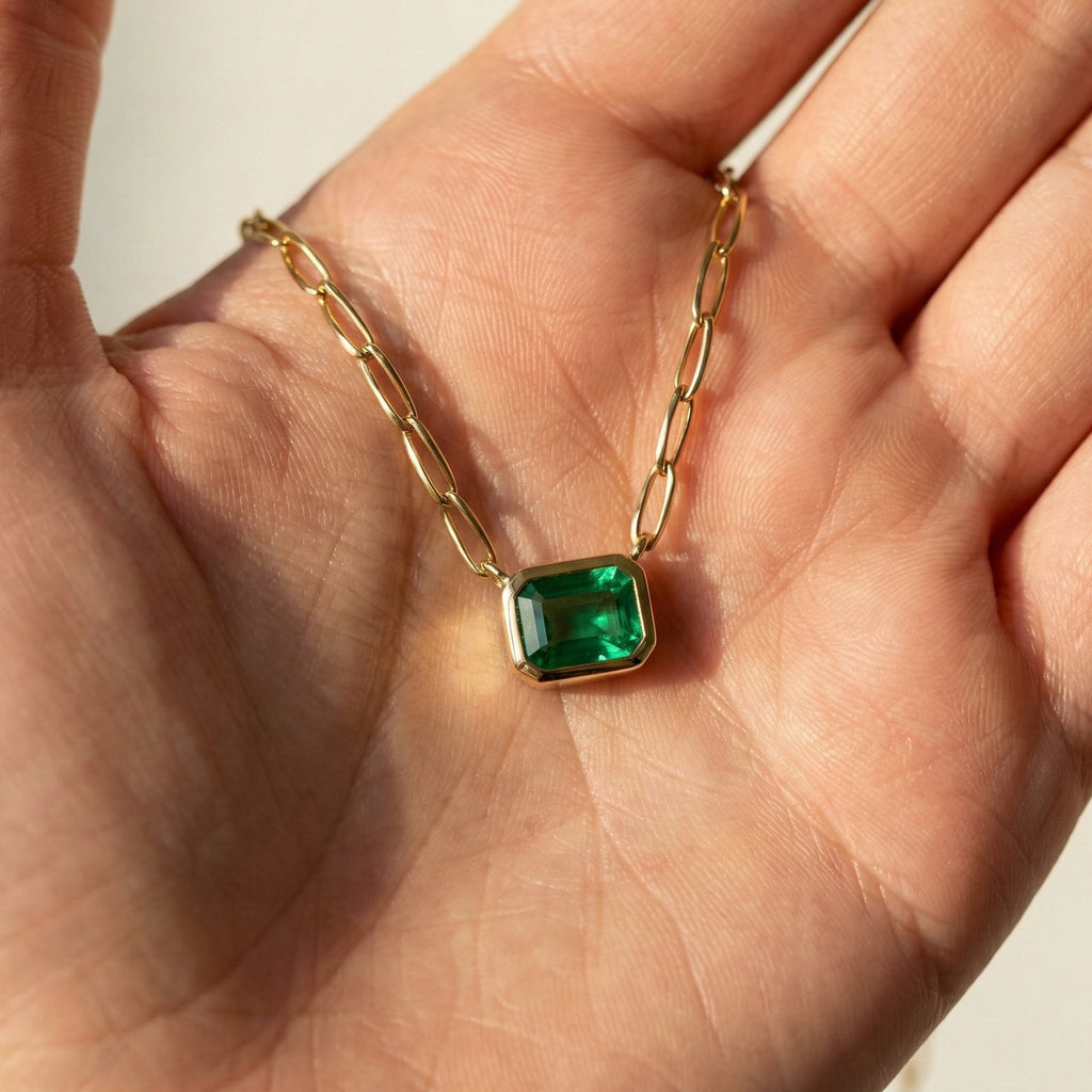 0.50 CT East-West Modern Bezel Set Colombian Green Emerald Cut Solitaire Pendant in Lab Diamond or Moissanite – 14K Solid Gold, Wedding Gift for Her, Handmade Jewelry