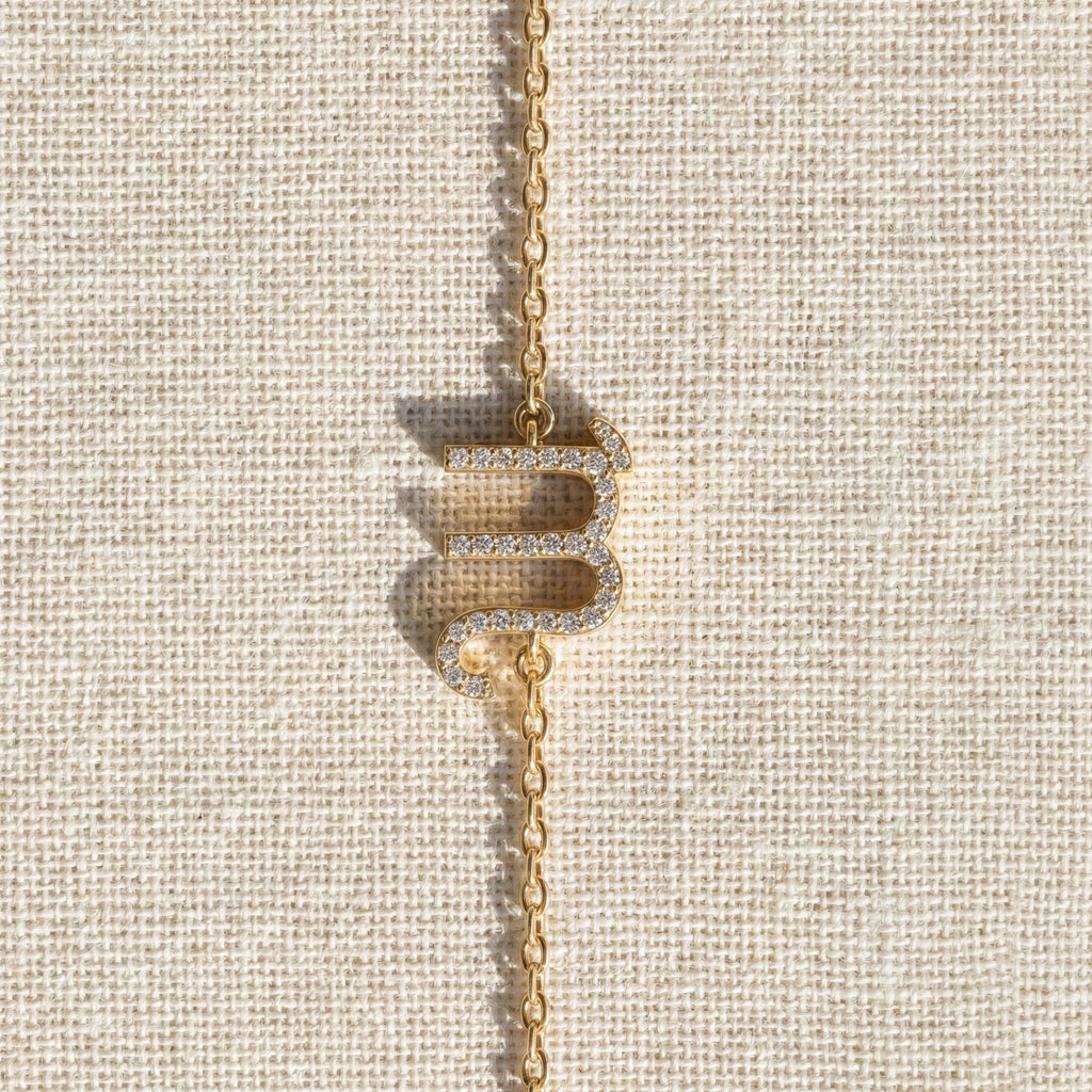 Minimalist Scorpio Symbol Bracelet in 14K Solid Gold, 0.31 TCW Round Cut Lab Created Diamonds, Personalized Astrology Birthday Gift for Her