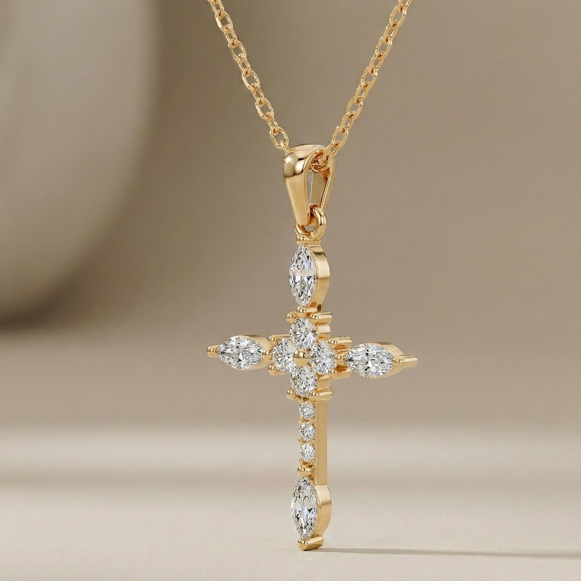 Floral Marquise Cluster Cross Pendant in 14k Solid Gold, 0.71 TCW Marquise/Round Cut Lab Diamonds ,Faith Pendant, Bridal Jewelry, Gift for Women