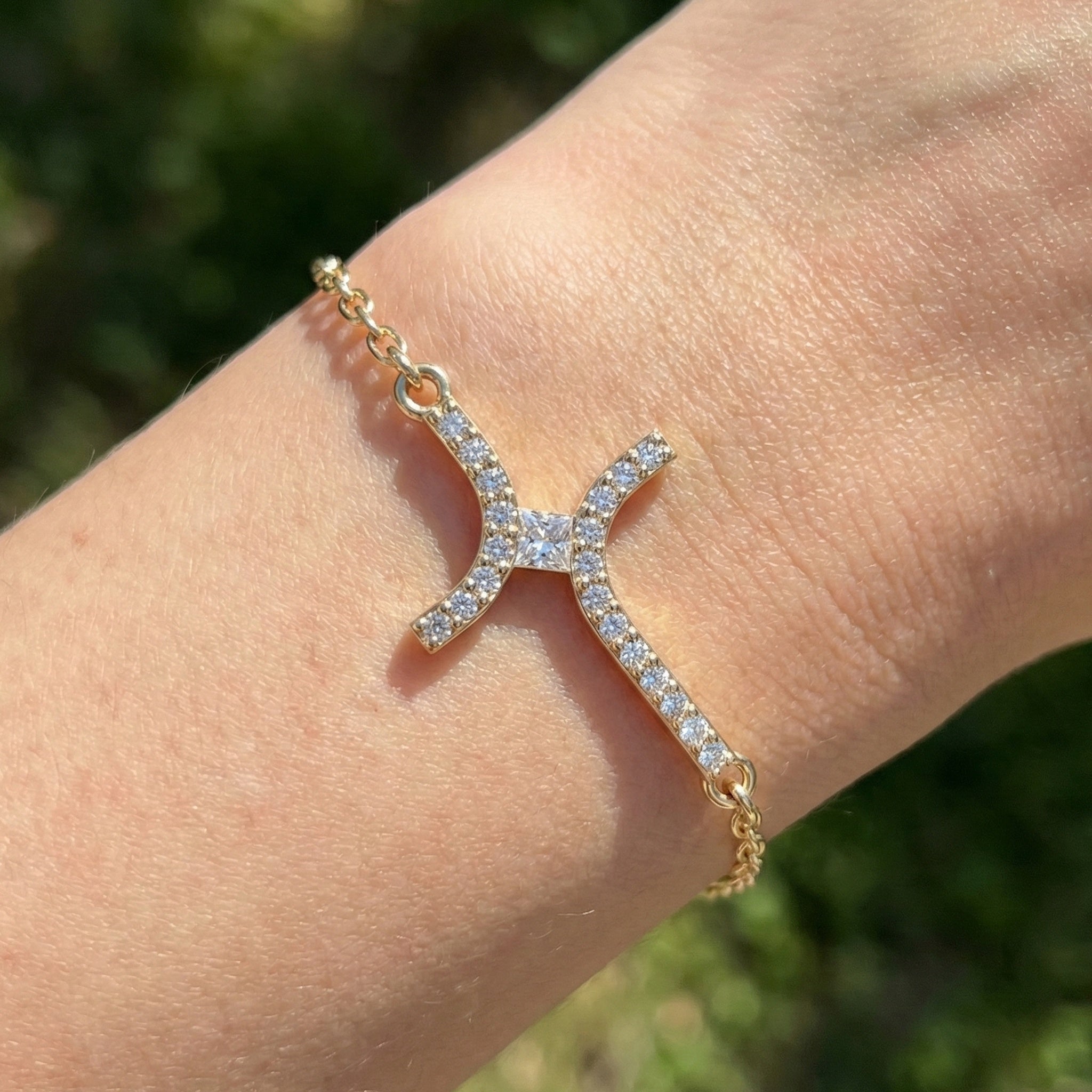 Dainty Arch Cross Chain Bracelet in 14K Solid Gold, 0.30 TCW Princess/Round Cut Lab Grown Diamonds, Fashion Bracelet, Anniversary Gift for Her