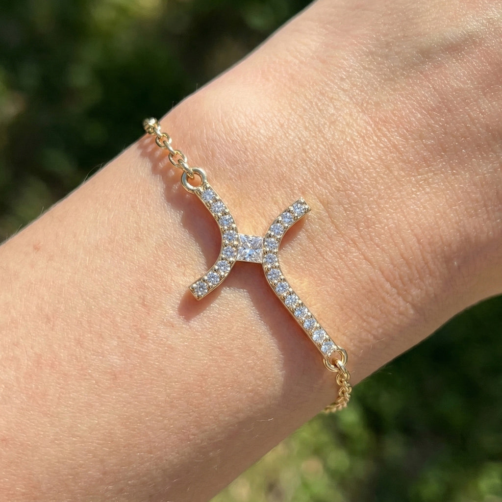 Dainty Arch Cross Chain Bracelet in 14K Solid Gold, 0.30 TCW Princess/Round Cut Lab Grown Diamonds, Fashion Bracelet, Anniversary Gift for Her